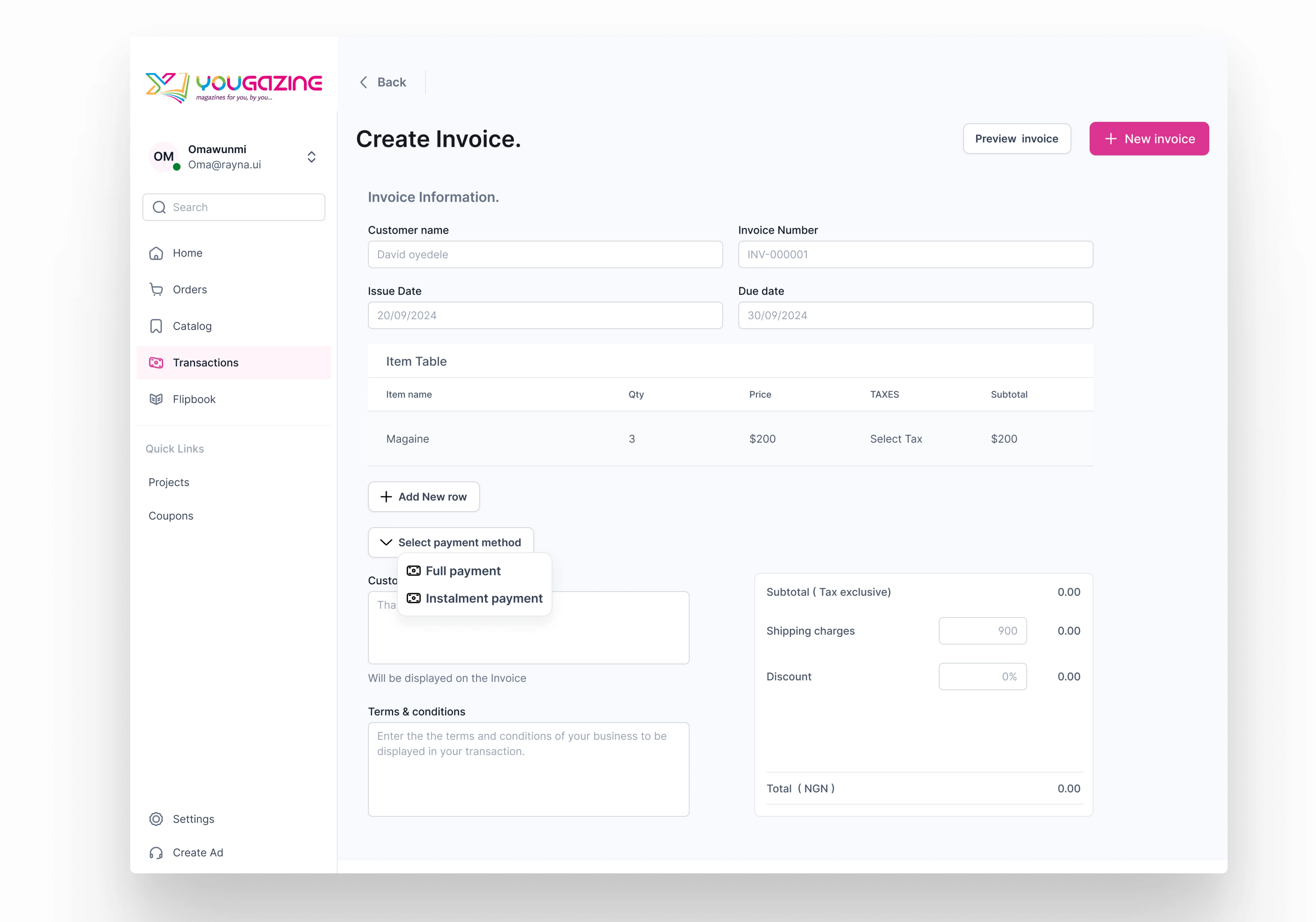 POV: Admin dashboard Invoice 
