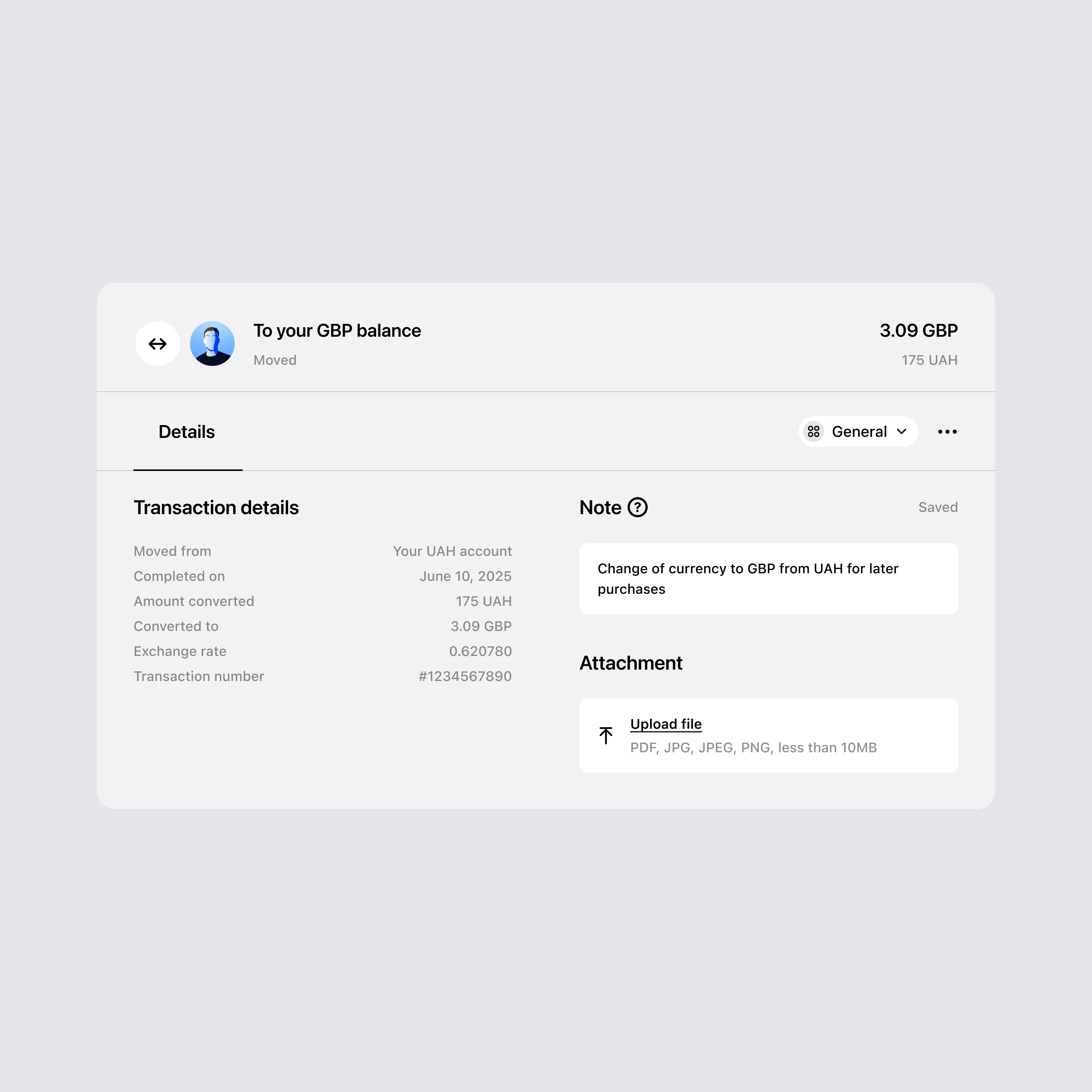 Transaction Details Inspired by Wise