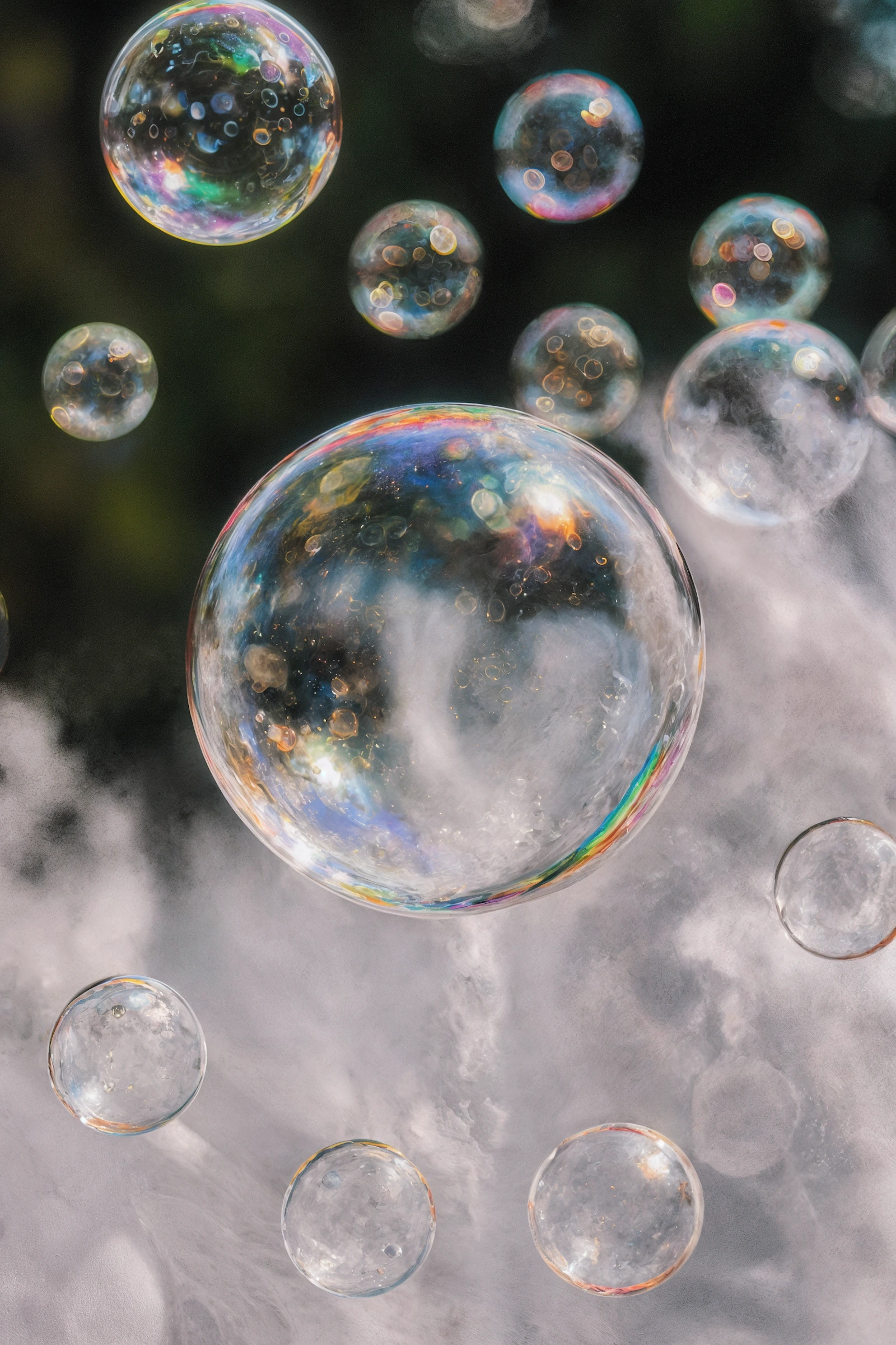 Colorful soap bubbles floating against a blurred green background, showcasing vibrant reflections and a dreamy aesthetic.

