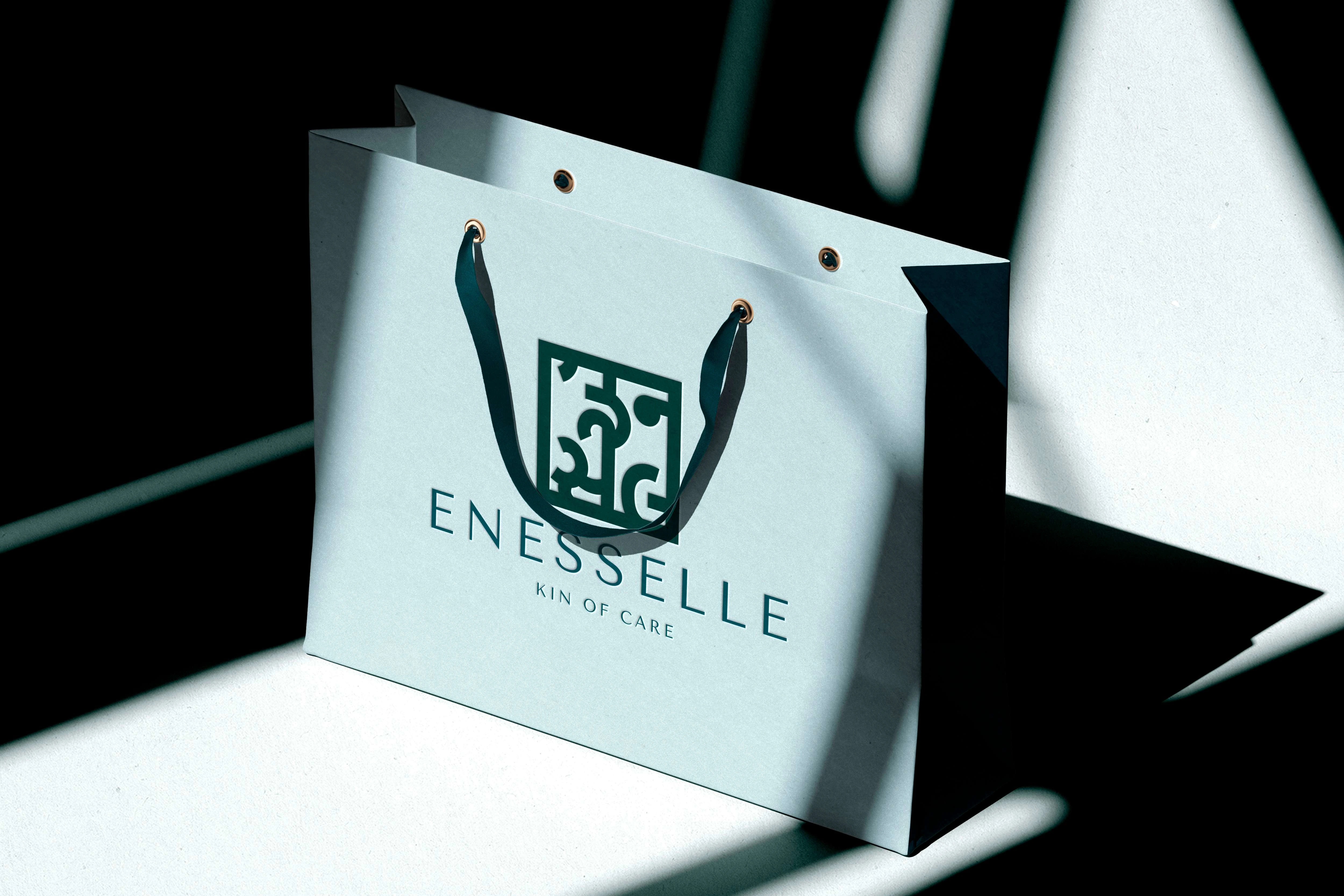 Primary logo in use: A branded shopping bag mockup to help the client envision how Enesselle’s elegance translates into packaging.