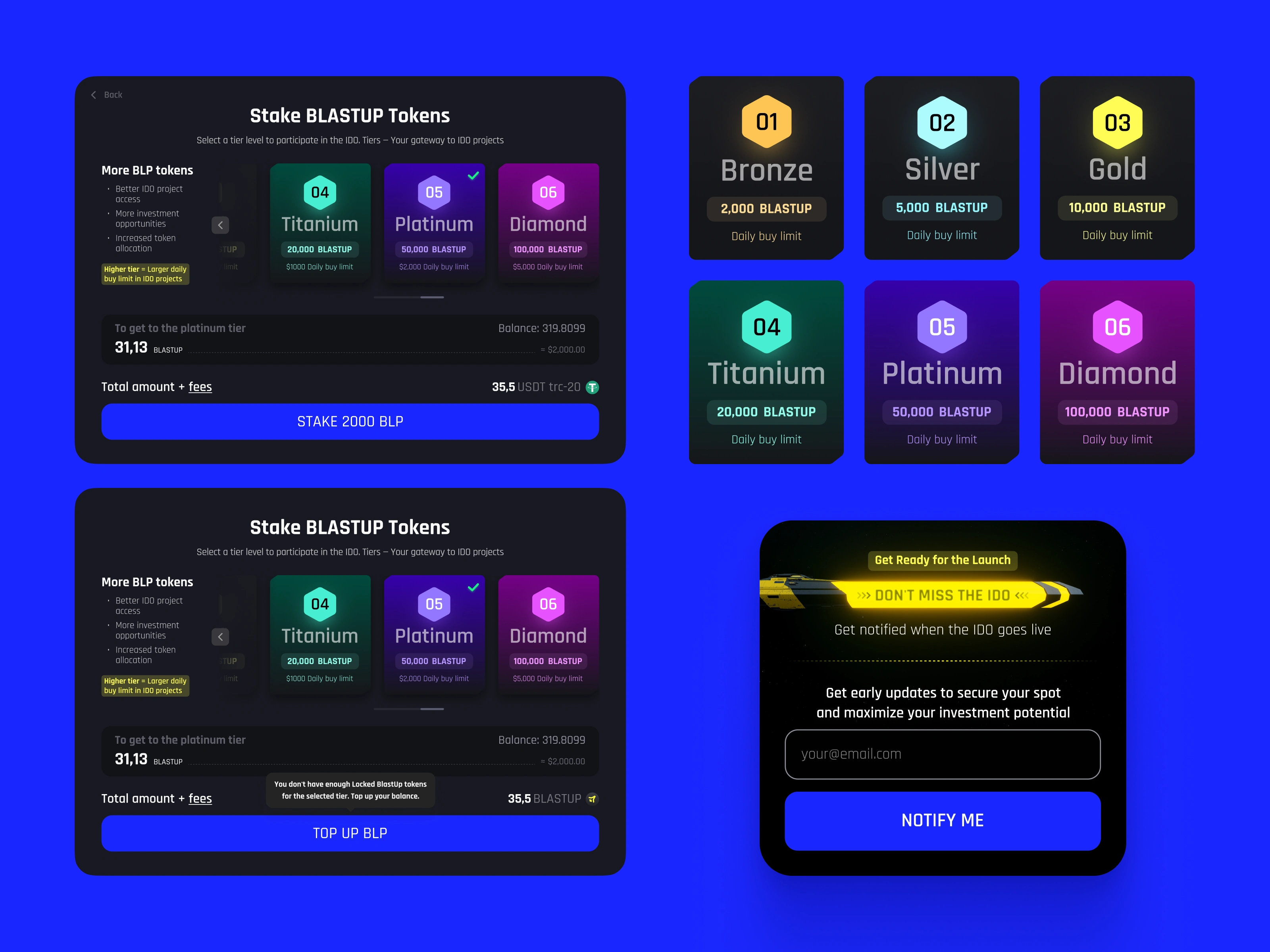 Modal overlay design for IDO tier selection integrated within the main platform interface, showing immediate token calculations, current holdings display, and streamlined decision-making flow that reduces perceived financial commitment.