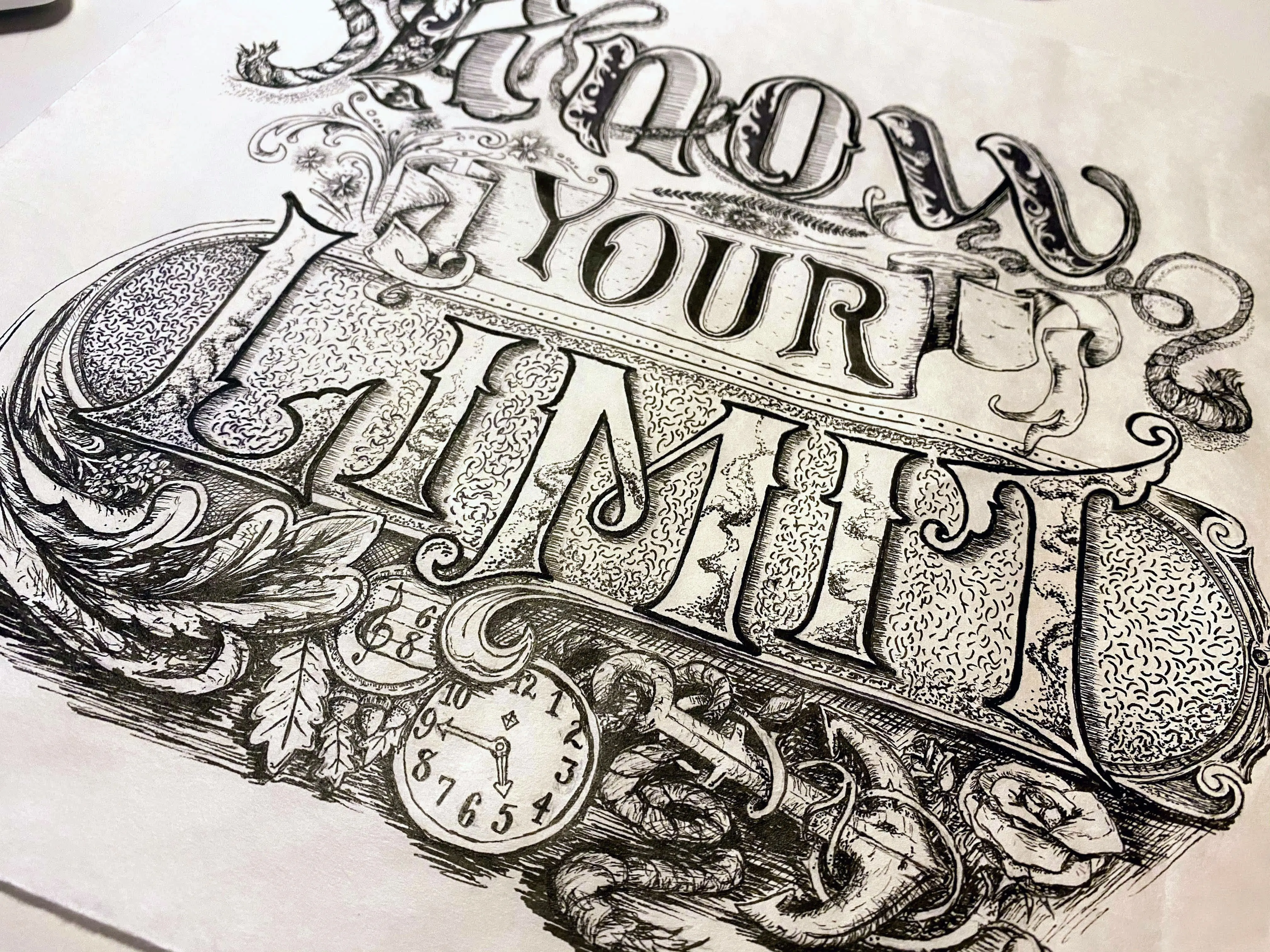 After finishing the piece, I decided to remove the 'JG' Monogram on the right side. So I had to cut it out and put a new piece of paper on the backside. And now you can't even tell that the right side was a different drawing originally. 