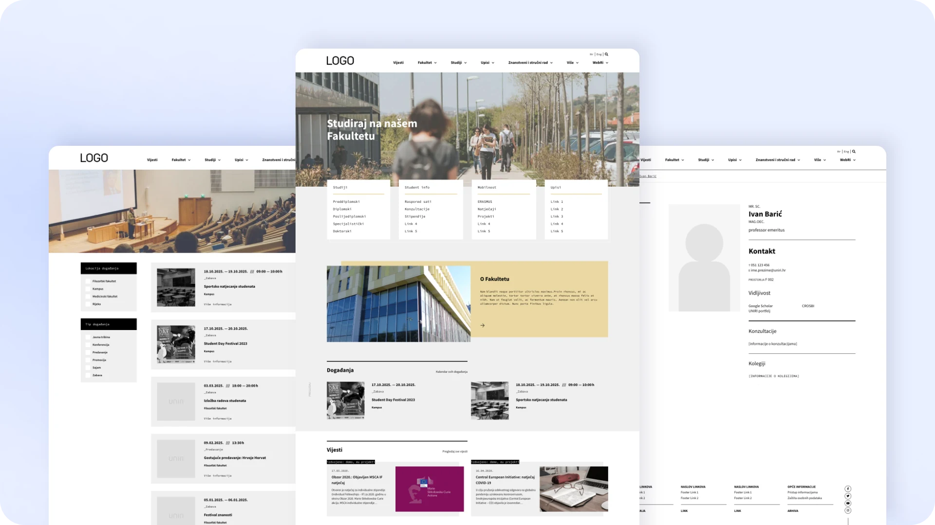 Some of the framework's layouts – homepage, event archives, and staff profiles