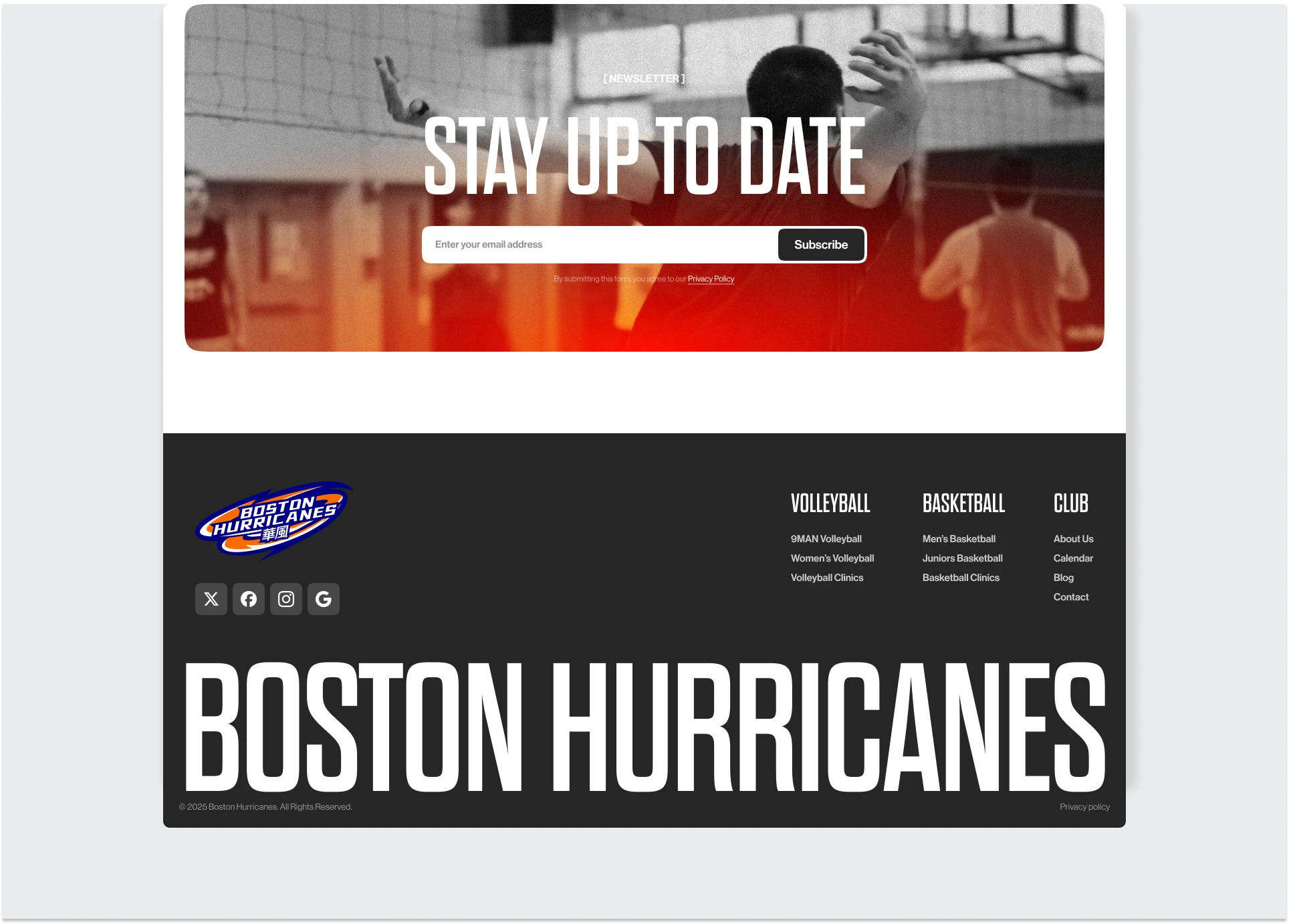 Bold footer section with oversized text, emphasizing community and connections