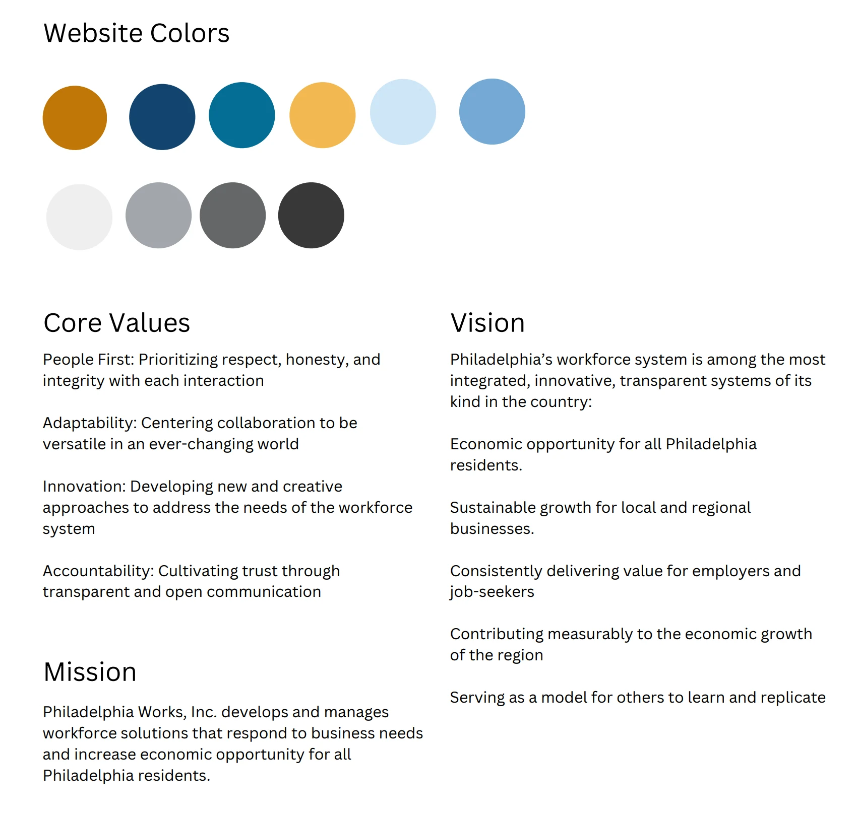 Core Values Copy and Colors