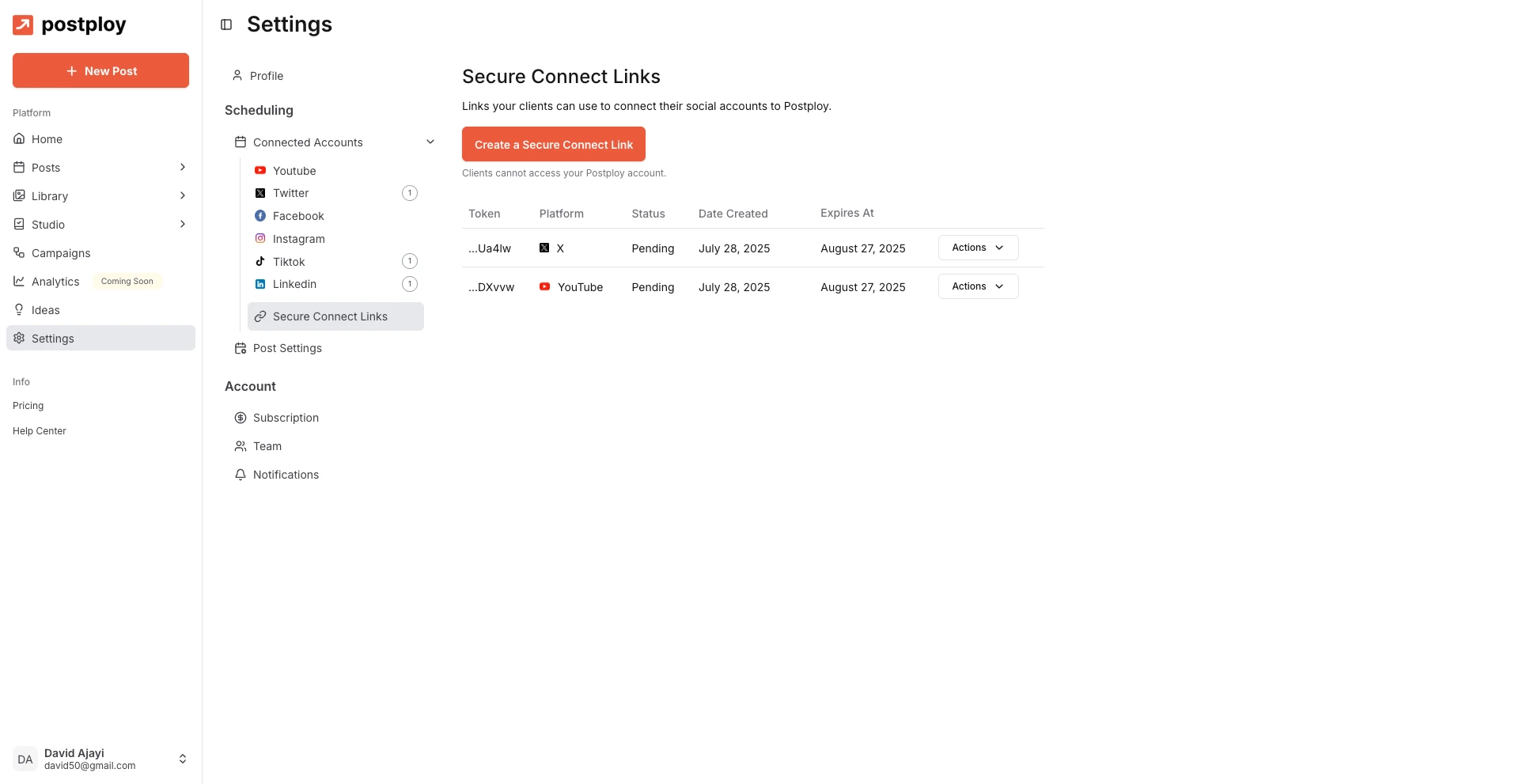 Create secure connect links to connect brand accounts