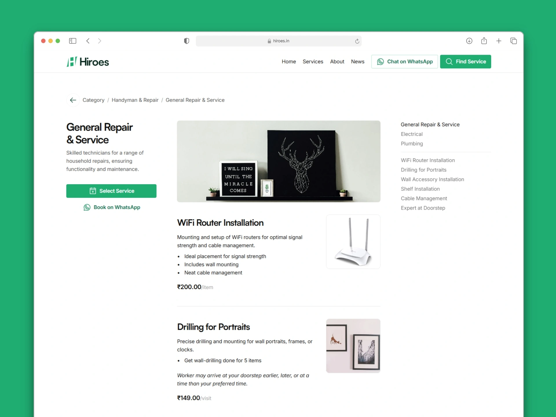 Service listing page on desktop—mockup presentation