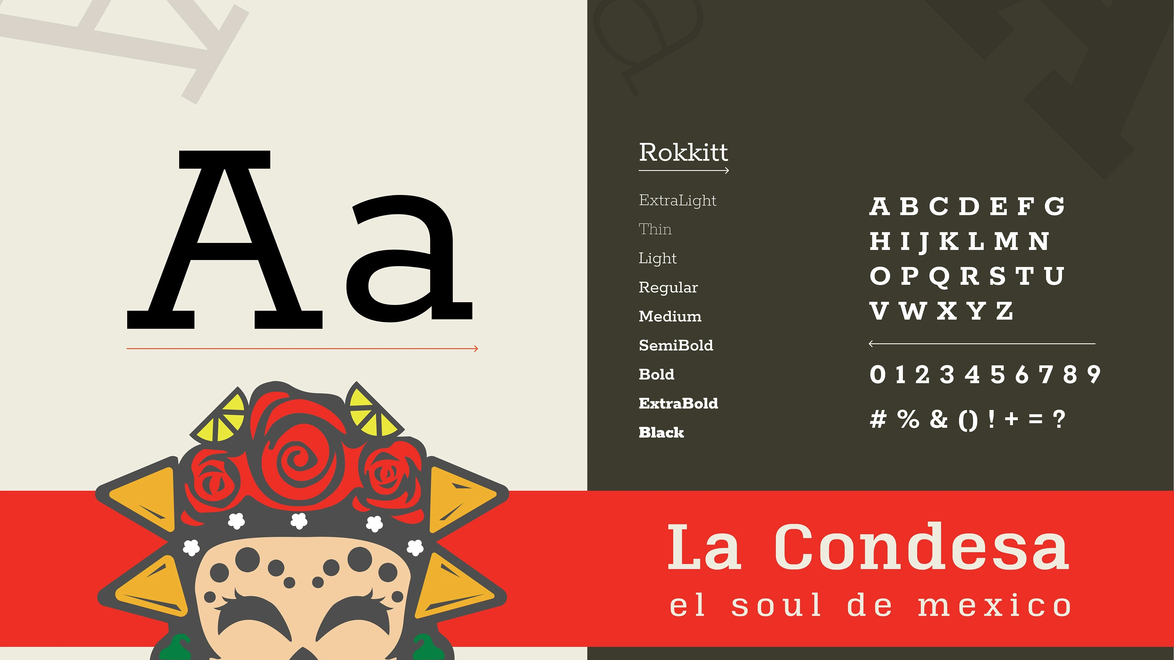 La Condesa’s typography showcases the Rokkitt family, its handcrafted feel and versatile weights mirroring the 
handcrafted quality and diversity of the cuisine.