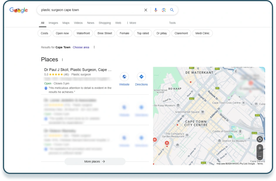 1st Position in the Local Pack (Map Pack) for the most sought-after keyword, "plastic surgeon area".