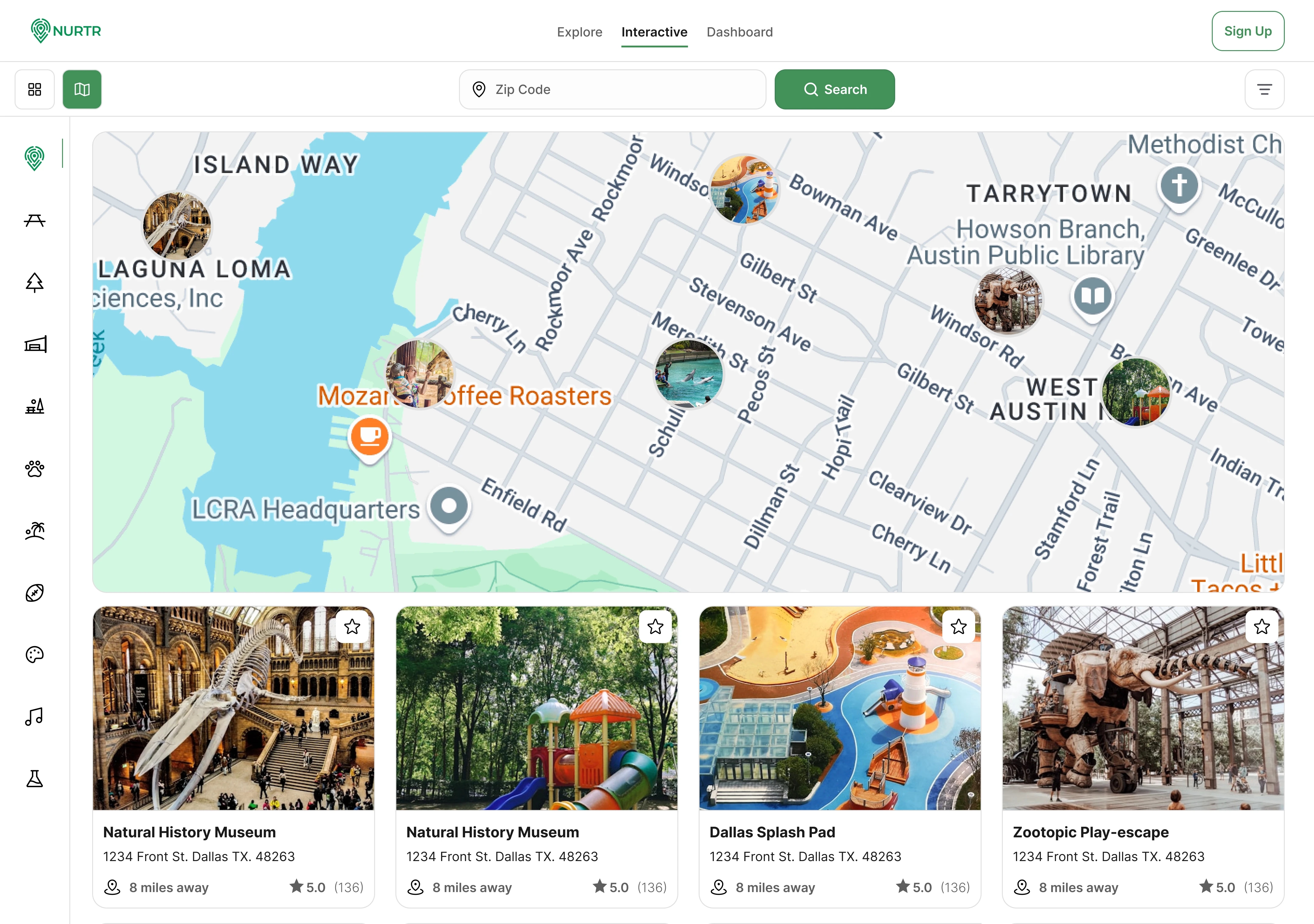 The interactive map allows for a map view with info cards on hover or tap on mobile.