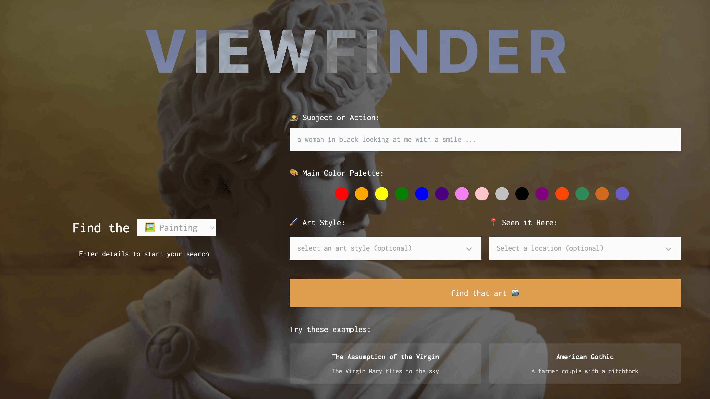 The beautiful landing pages of the Viewfinder on desktop