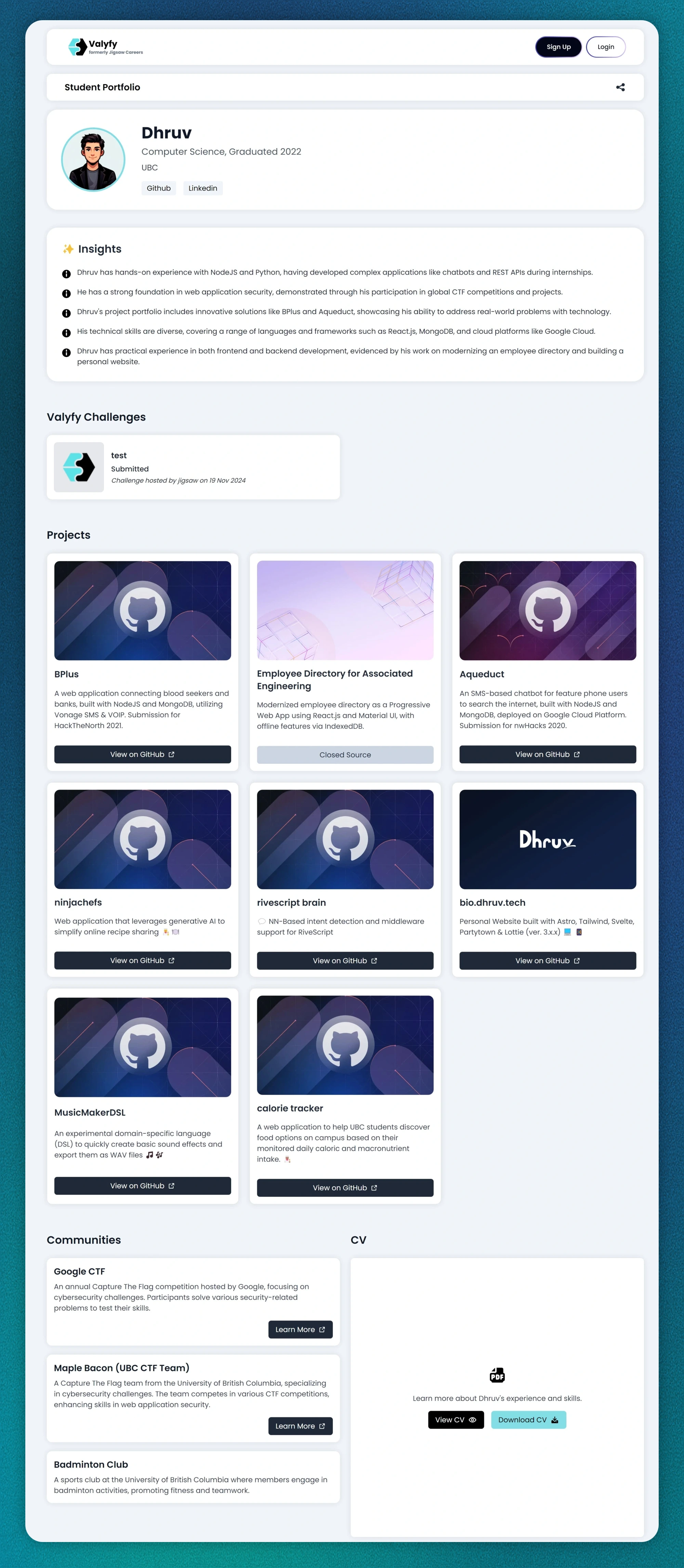 Screenshot of public student portfolio page