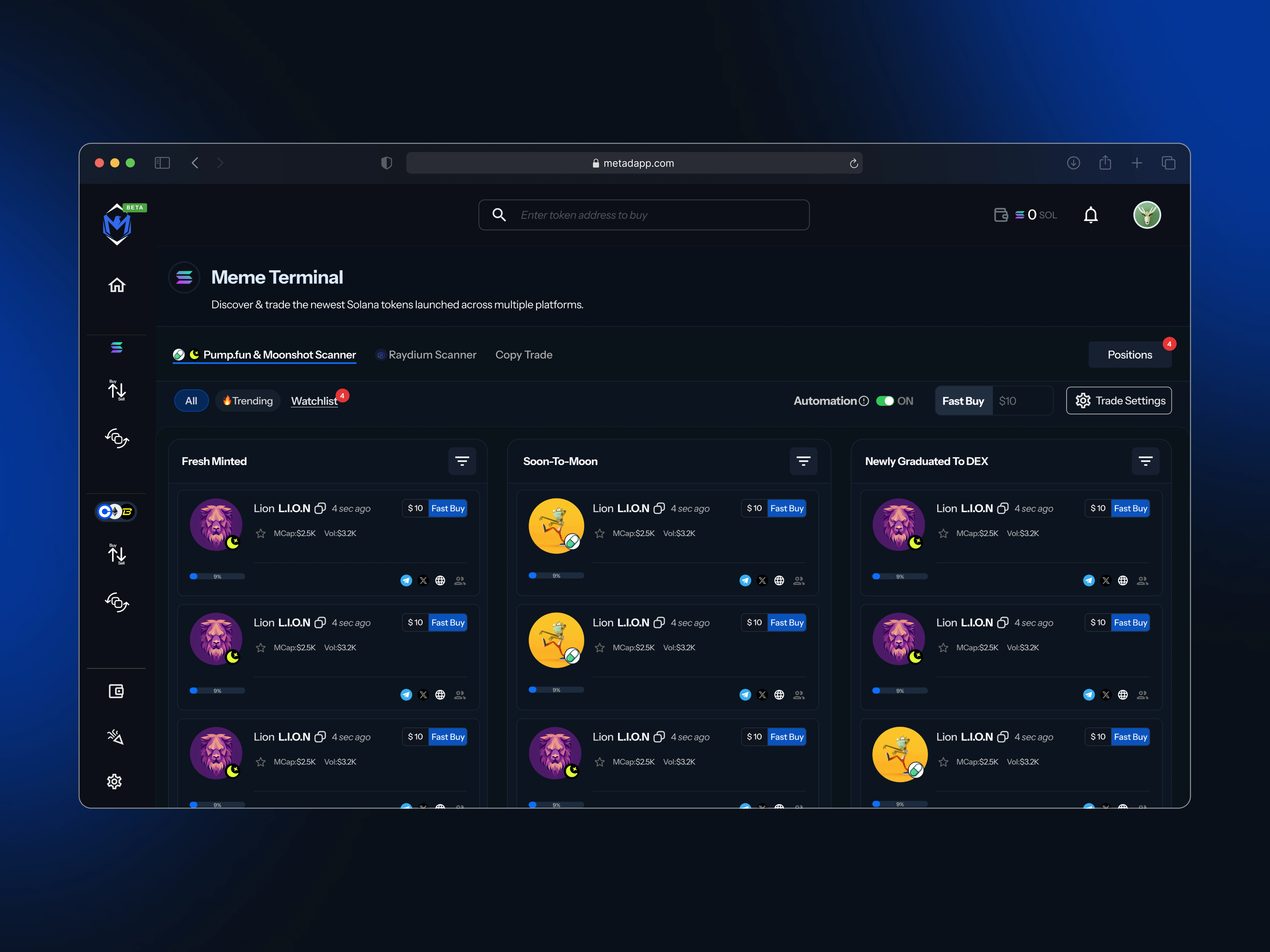 The UI screen showing verified fresh paired tokens released from different Solana platform
