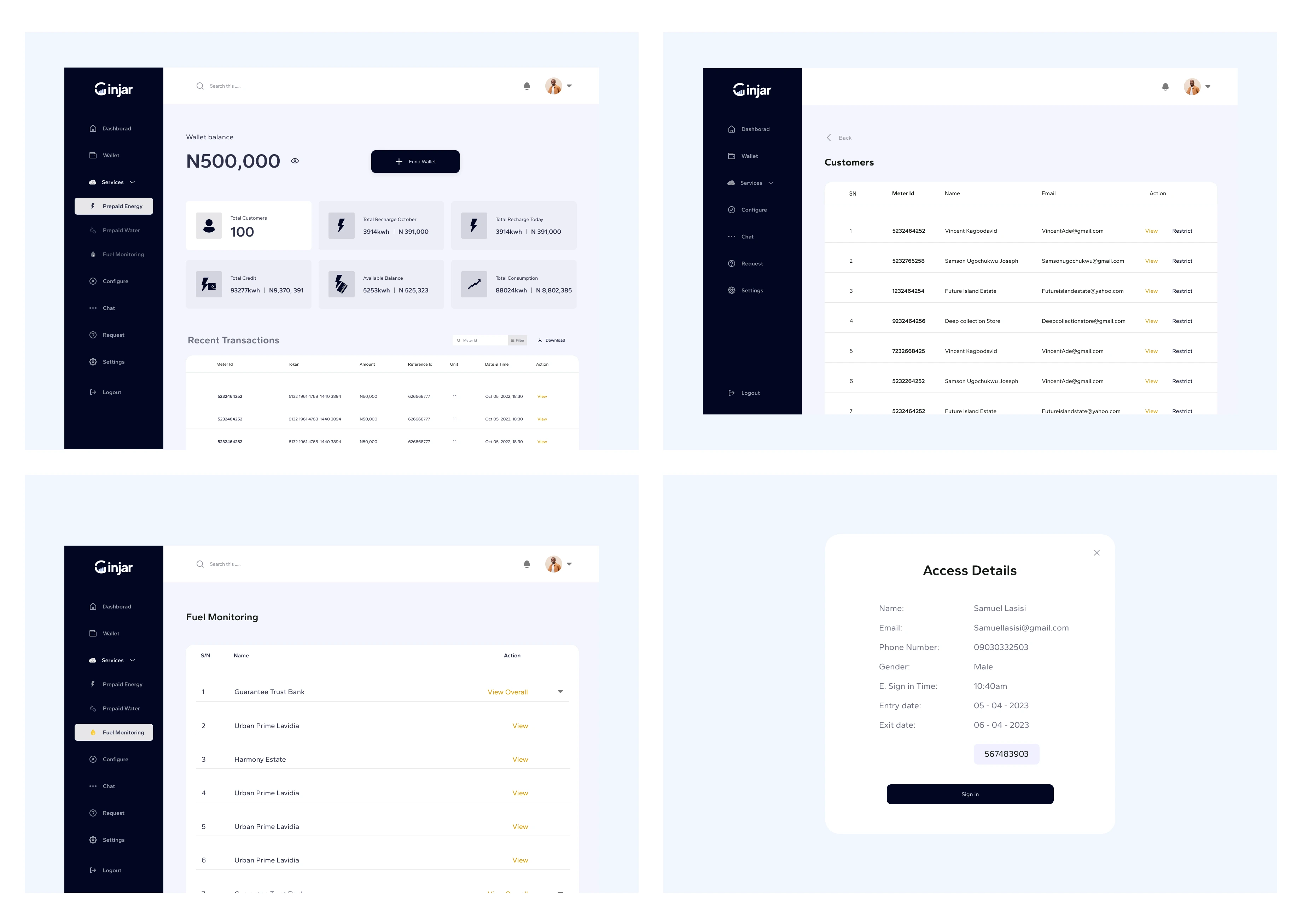 Admin Prepaid and Fuel Dashboard. Visitation Clock in modal.