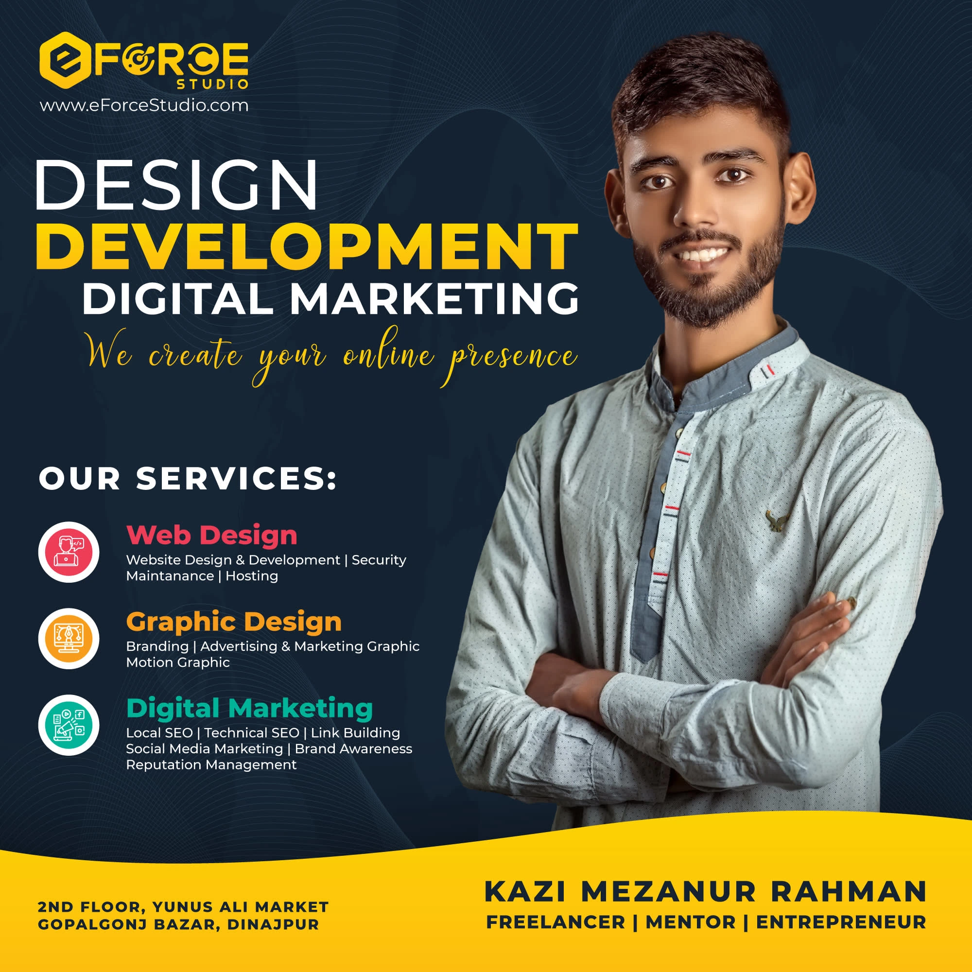 Branded promotional design for eForce Studio, showcasing core services in web design, graphic design, and digital marketing.