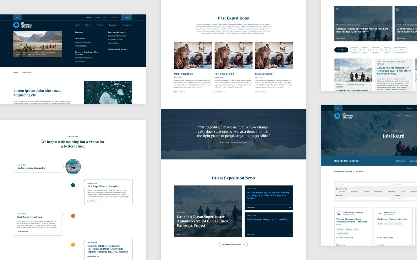 Key screens for desktop featuring a Mega-menu, Timeline and various content blocks for everything from news, recent expeditions and jobs.