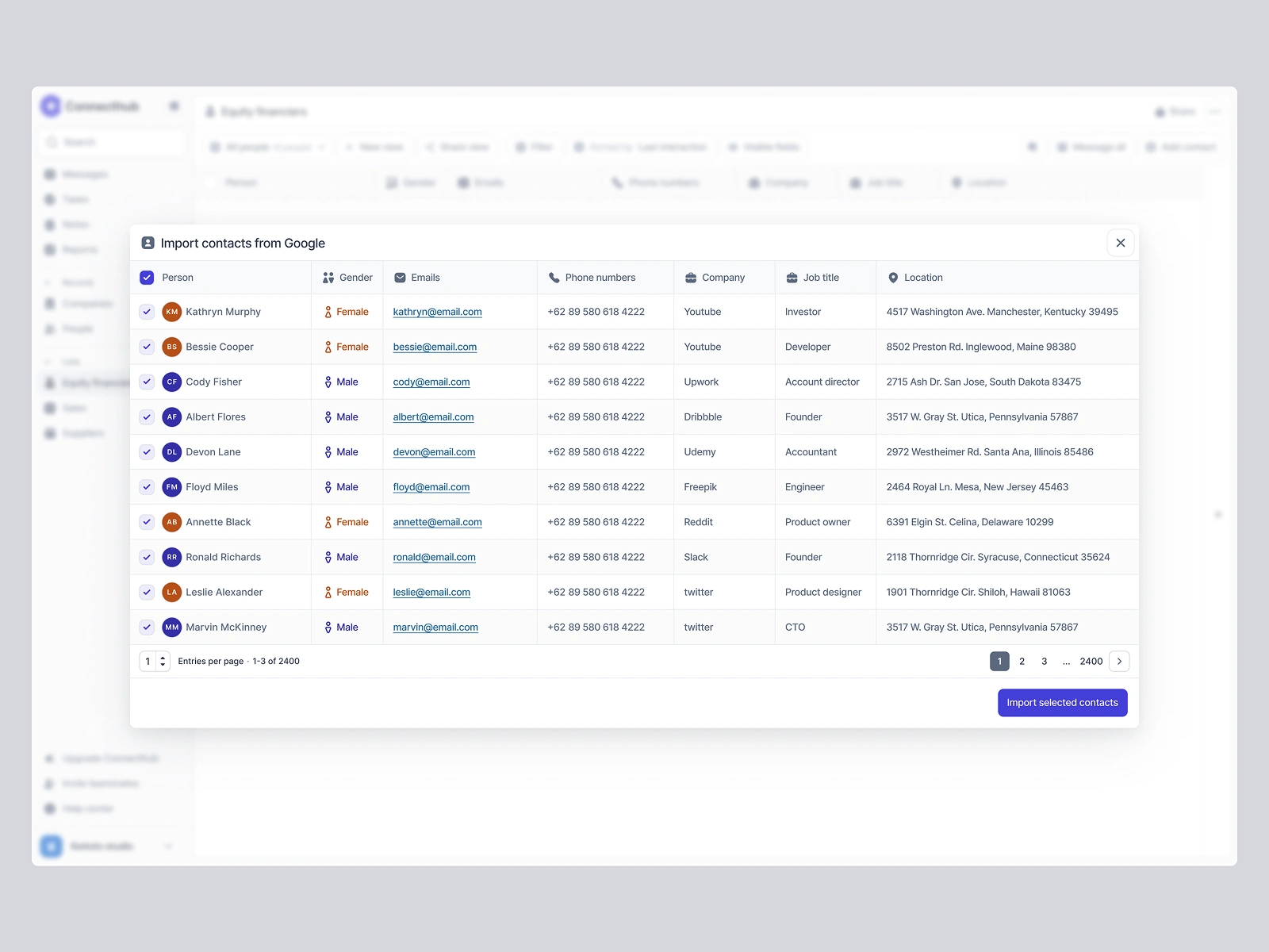 Import contact pop up