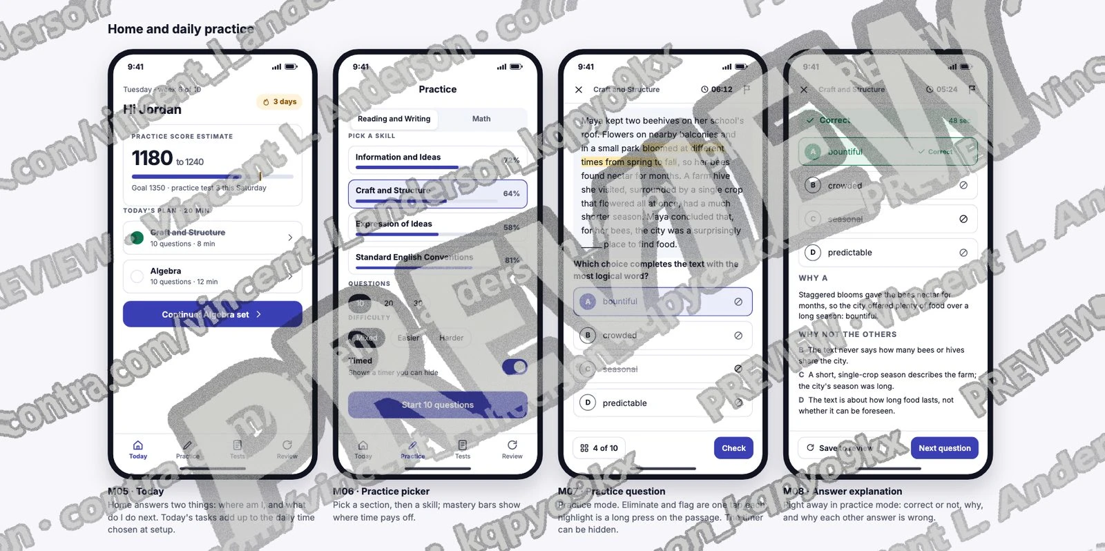 Mobile: today's plan, practice picker, question and explanation