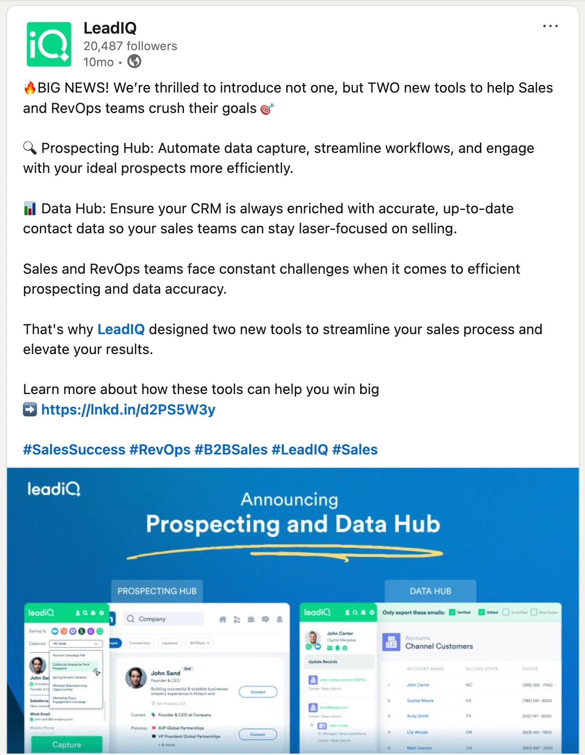 Example of social promotional posts for the LeadIQ launch