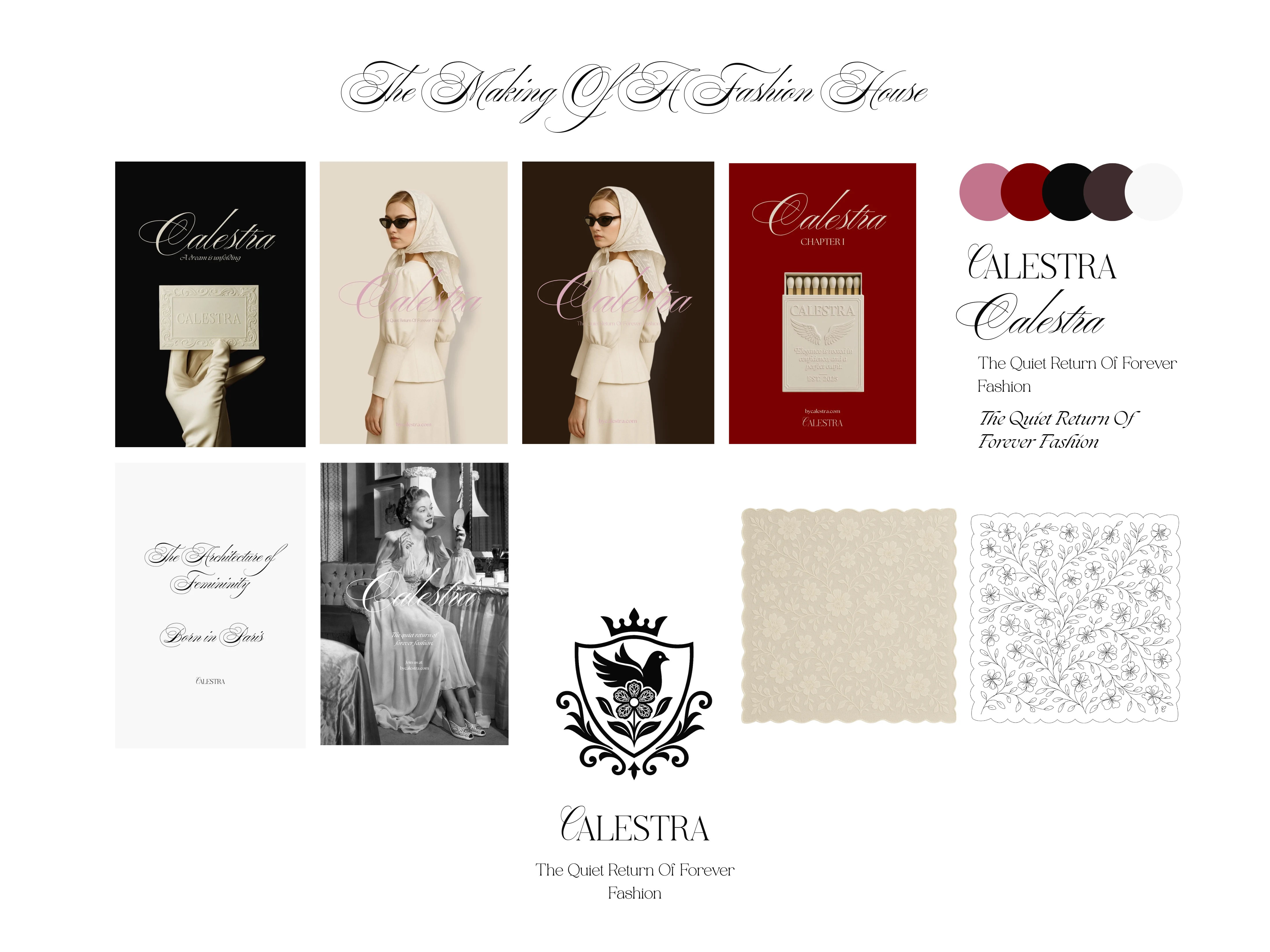 Visual system: A romantic rebellion built on symbols
This moodboard defines the Calestra aesthetic, merging poetic femininity with structured design. From deep reds and romantic serif fonts to lace textures and the emerging crest, every detail contributes to a rich symbolic universe. The visual language is quiet yet declarative, setting the tone for a modern fashion house with heritage soul.