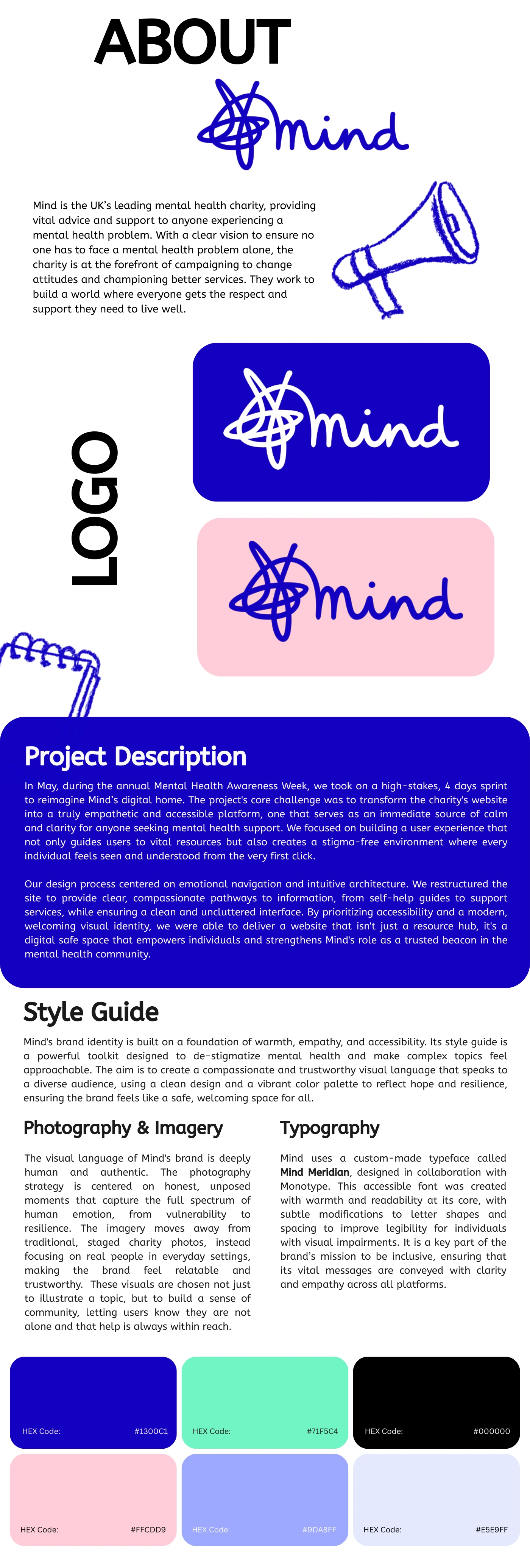 A webpage design showcasing the brand identity for the Mind charity. The design includes an "ABOUT" section with a paragraph and a stylized megaphone icon. Below are three versions of the Mind logo in different colors, followed by a "Project Description" and "Style Guide" section with text. The style guide defines the brand's typography, photography, and a color palette with hex codes in shades of blue, pink, and green.