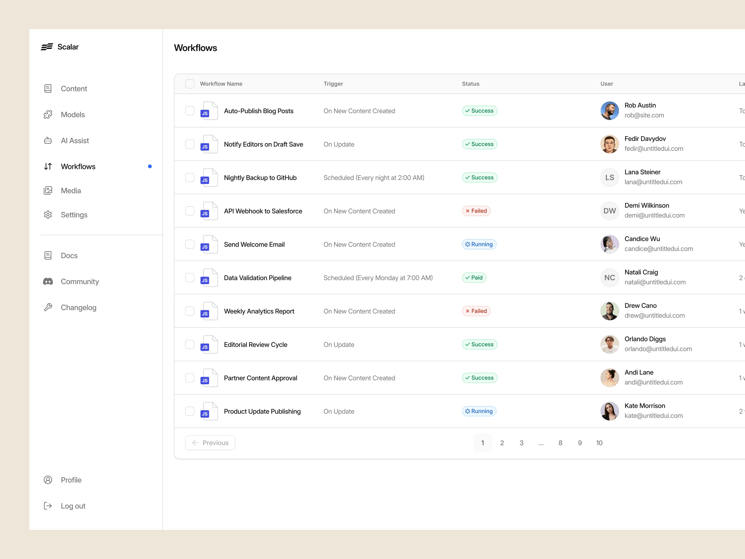 Workflows Screen