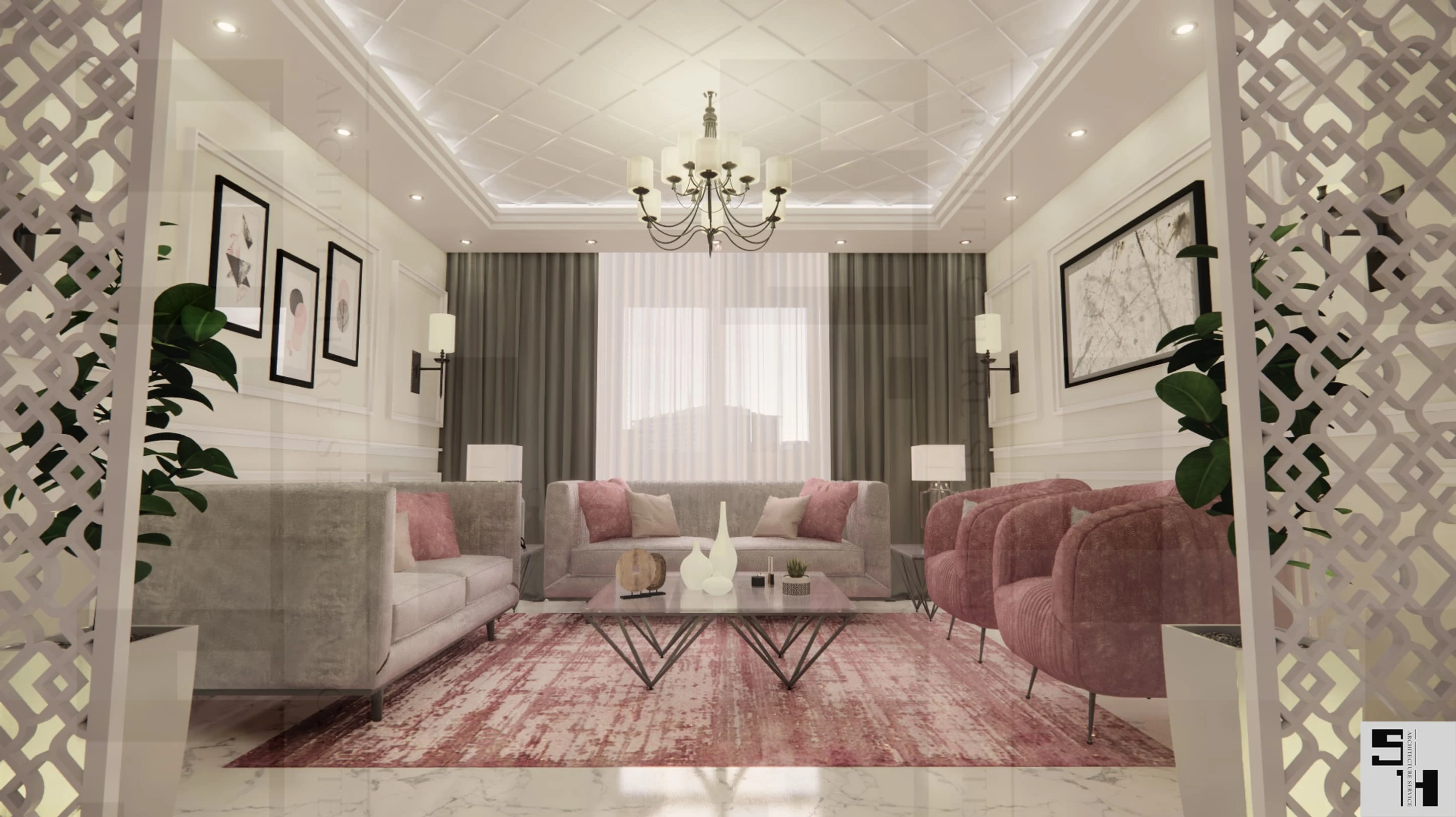 The Interior shot for one room of the apartment exposed the CNC partition, gypsum ceiling decoration, and furniture distribution.