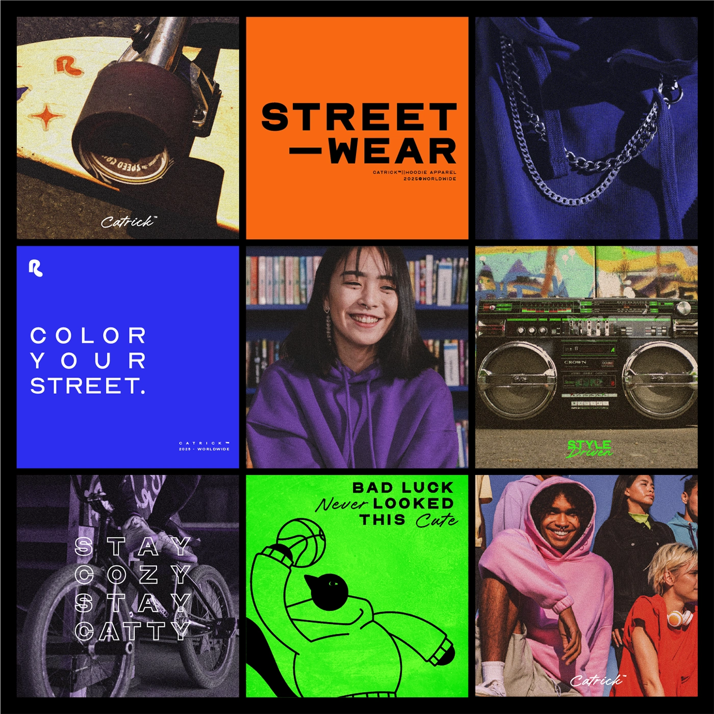 instagram social media design Visual collage showing Catrick branding across apparel and prints.