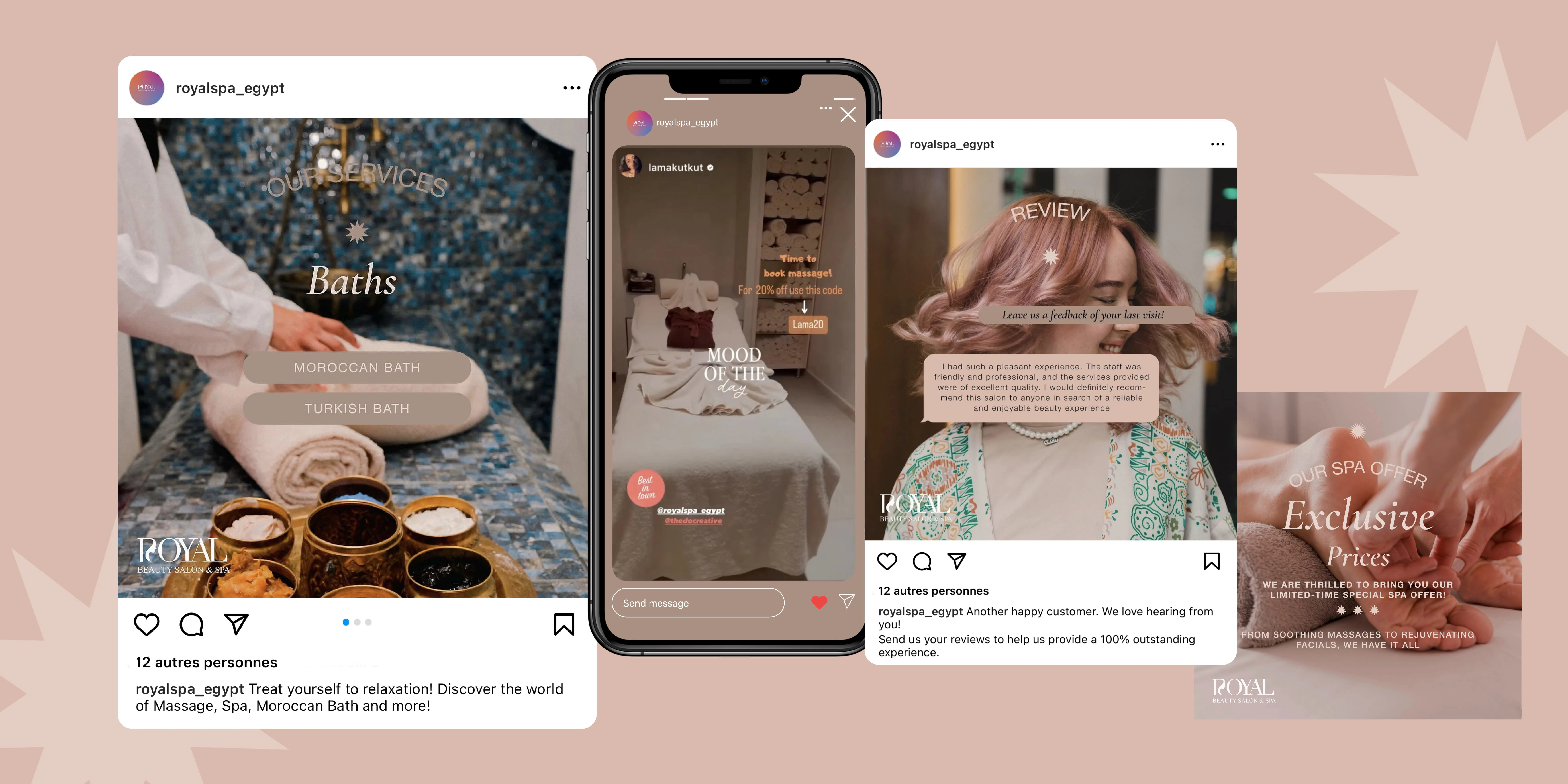 Snippets of Instagram posts and stories @royalspa_egypt