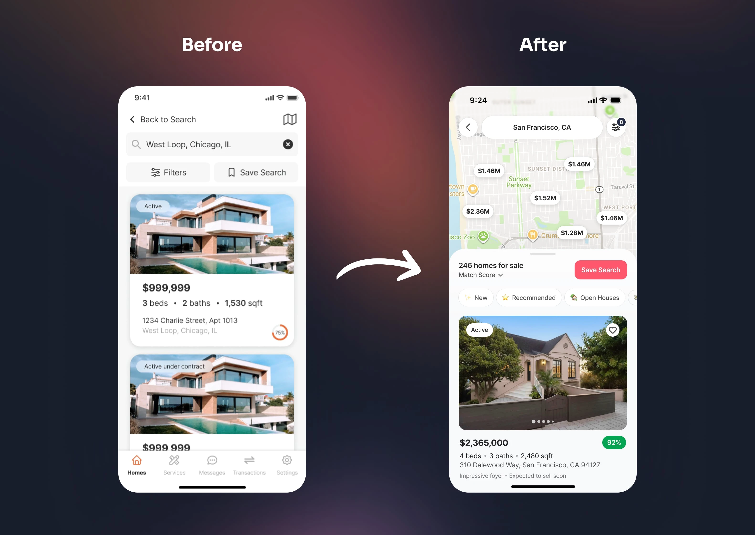 Before → After: Redesigned mobile property results for clearer layout, stronger hierarchy, and faster browsing.