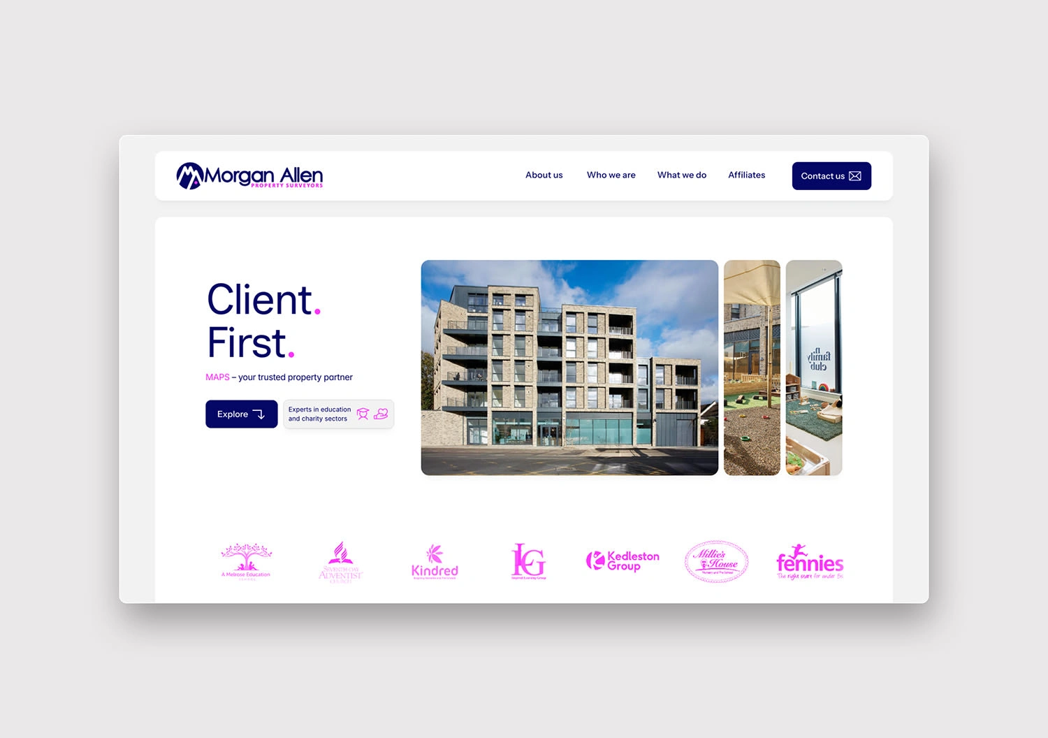 Header section with straight to the point messaging with CTA plus showcasing client experience