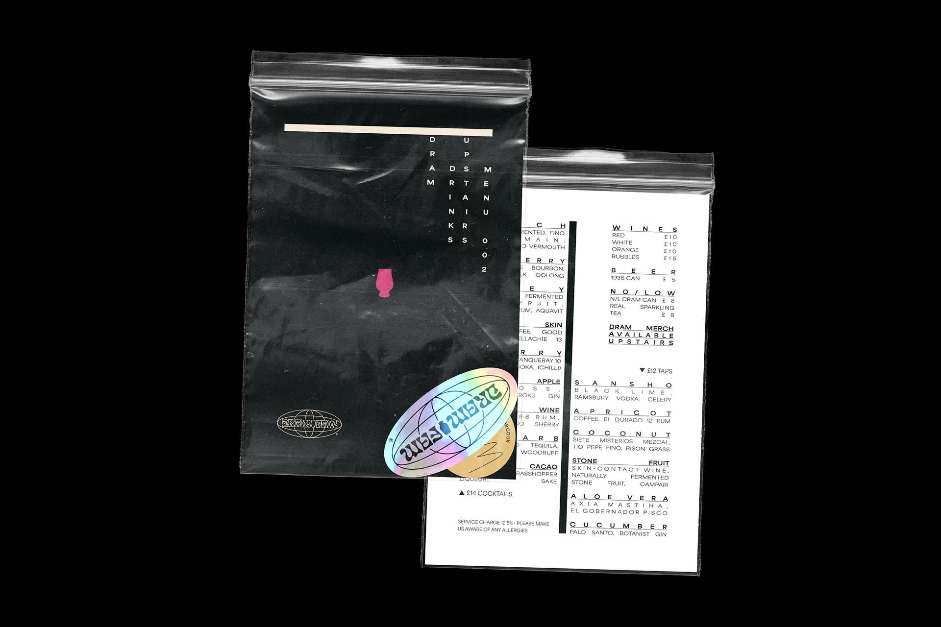 The menus at Dram come in ziplock, not just to keep them clean, but as a feature to add an interactive element, the staff can easily add little stickers or other gifts for punts, if there's a special on the menu they can pop it in the bag as a note.
