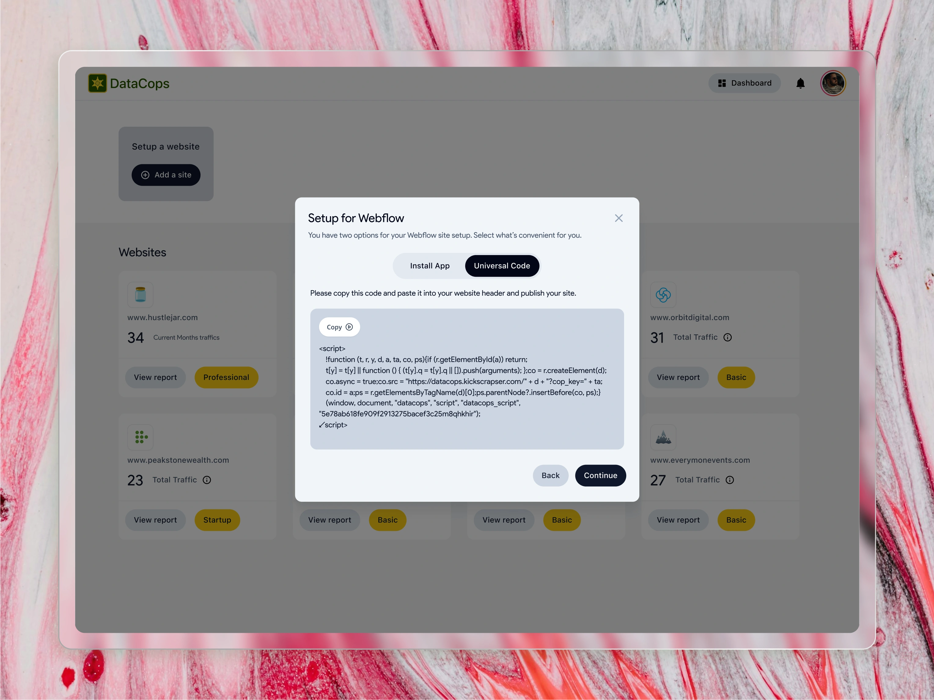 
Catering to all users! This is the "Universal Code" option in the DataCops setup flow. It allows more technical users to simply copy and paste a script to get started. A small detail like a 'Copy' button makes a big difference in the user experience.
