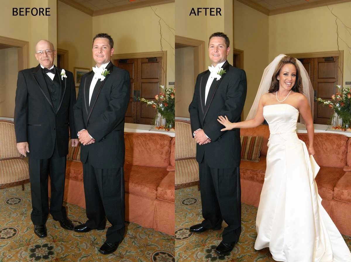 Bride requested that the father-in-law be removed, the groom be moved to the left, and she be added to the photo.
