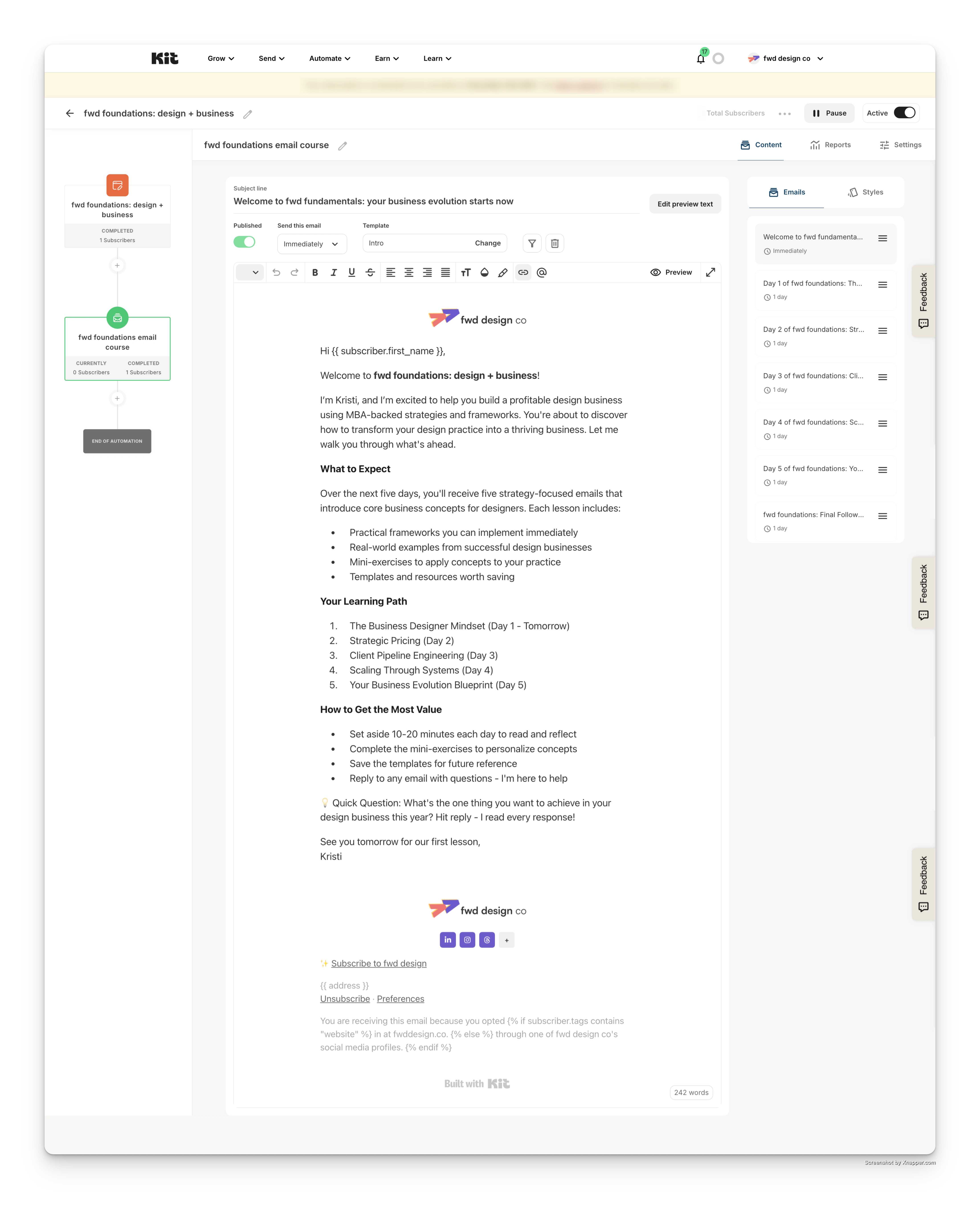 Part of the automated onboarding experience — a branded welcome email introducing FWD Design Co’s “Foundations: Design + Business” course sequence.
