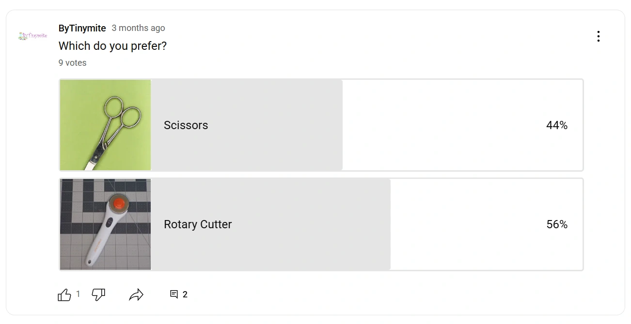 YouTube Community Poll created to encourage quick engagement and personal preference sharing. It includes a simple question with clear, relatable options for sewists.