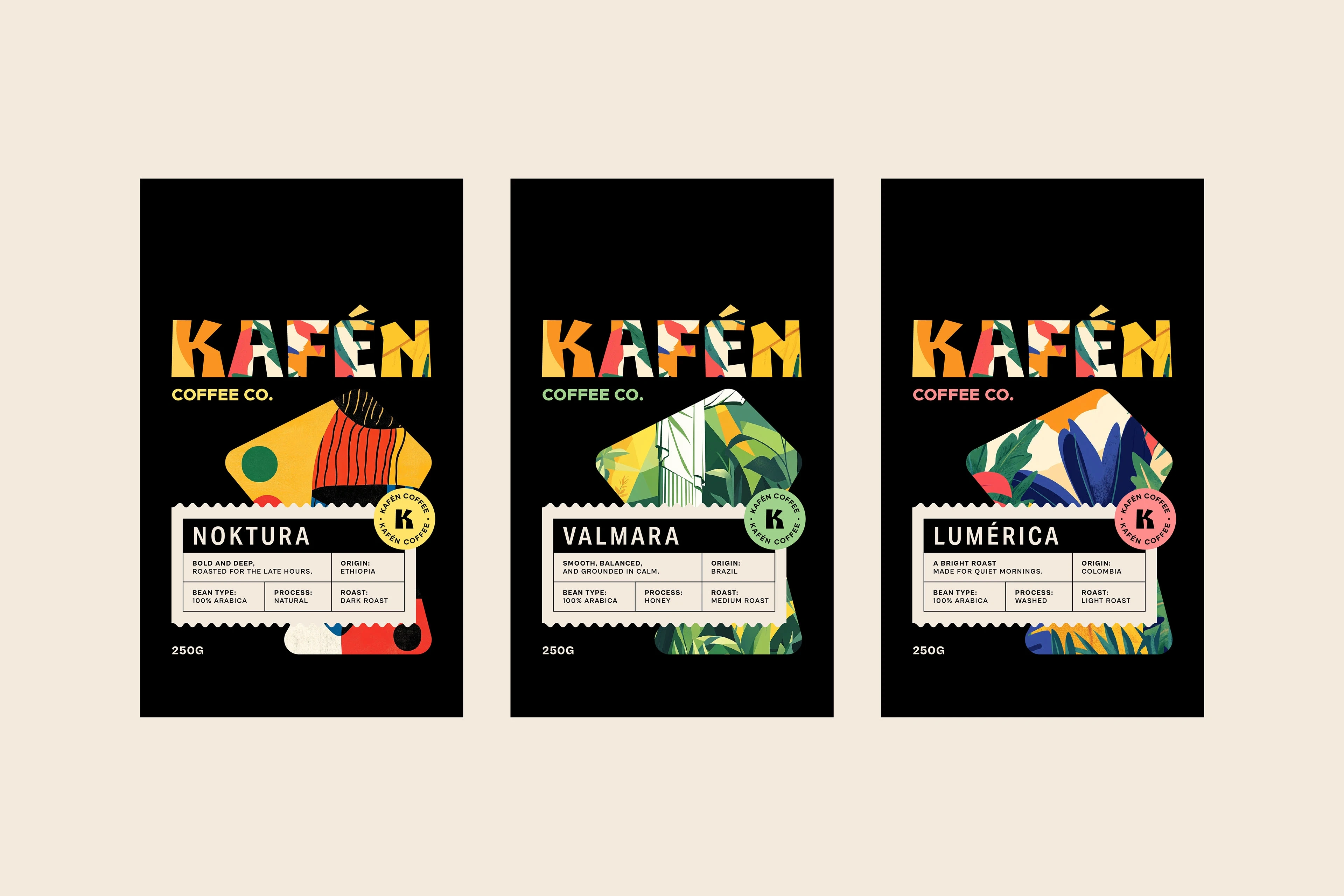 The packaging is grounded in black, giving the brand weight and focus.

On top of that foundation, colorful, nature-inspired illustrations bring life and motion to the product. These illustrations connect each blend to the world it comes from, not through photos or symbols, but through abstract textures that feel organic and real.

The balance between black space and vibrant detail gives KAFÉN a presence that feels both modern and rooted.