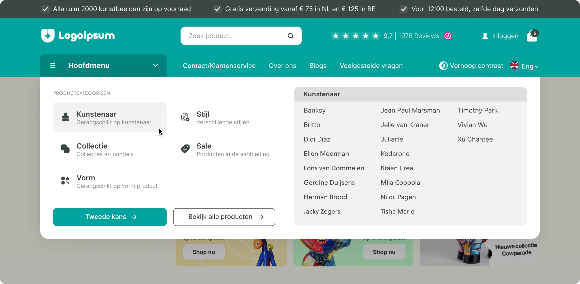 Mega-menu of the website