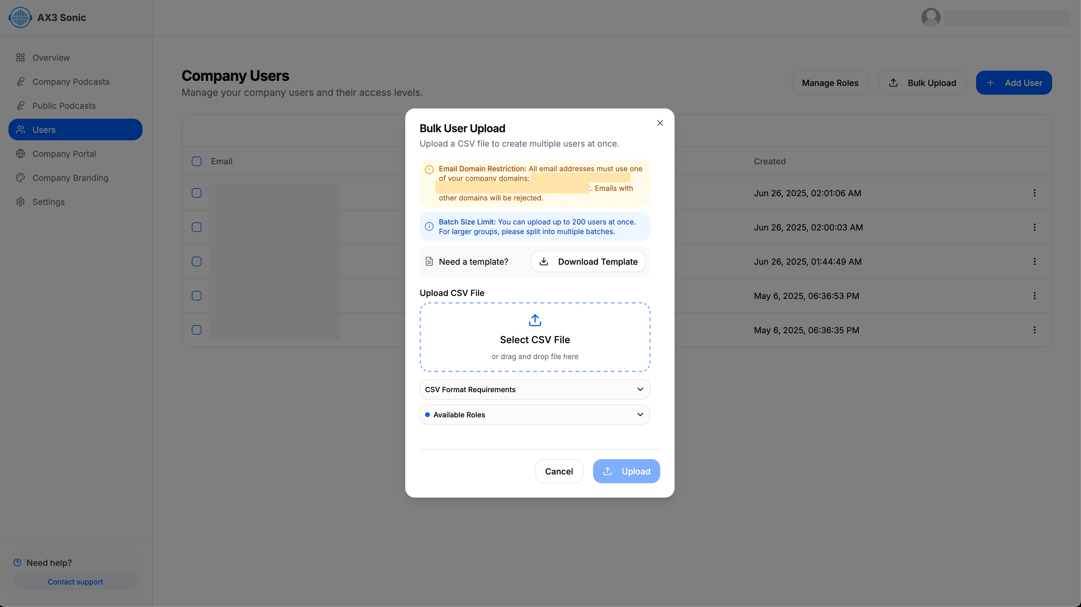 Company users creation via bulk operation