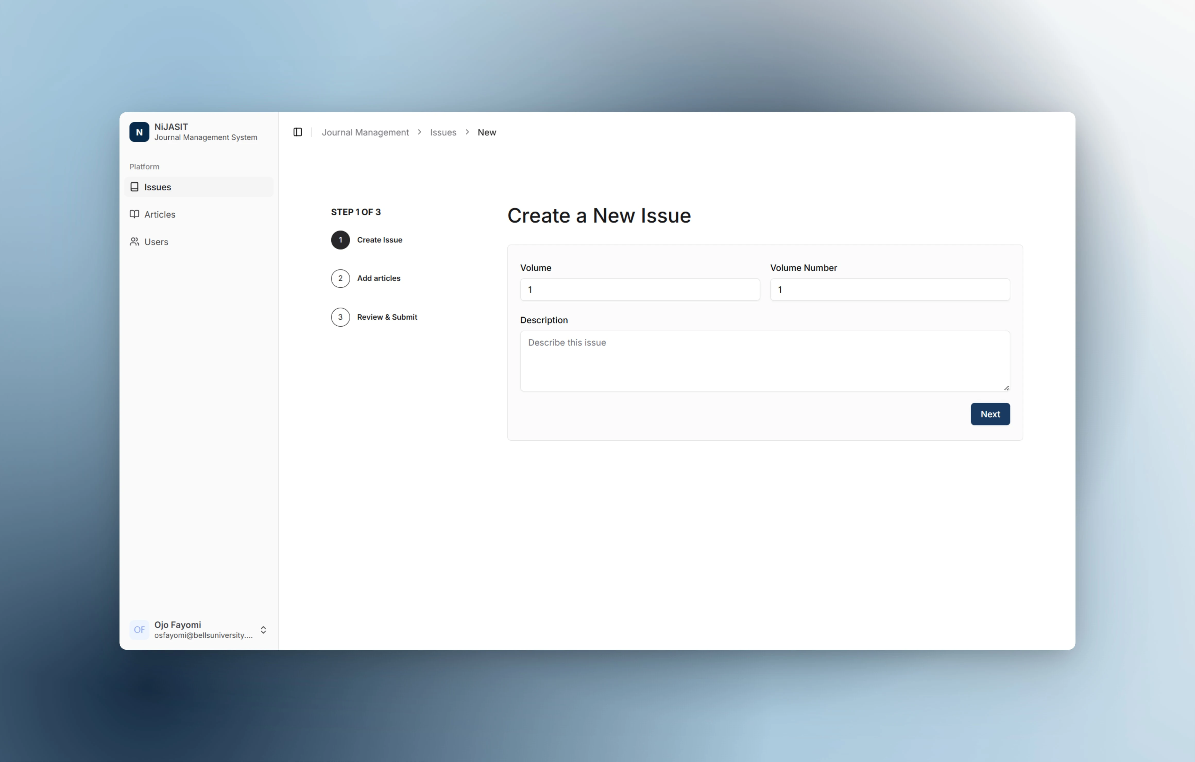 Multi-step form for issue creation