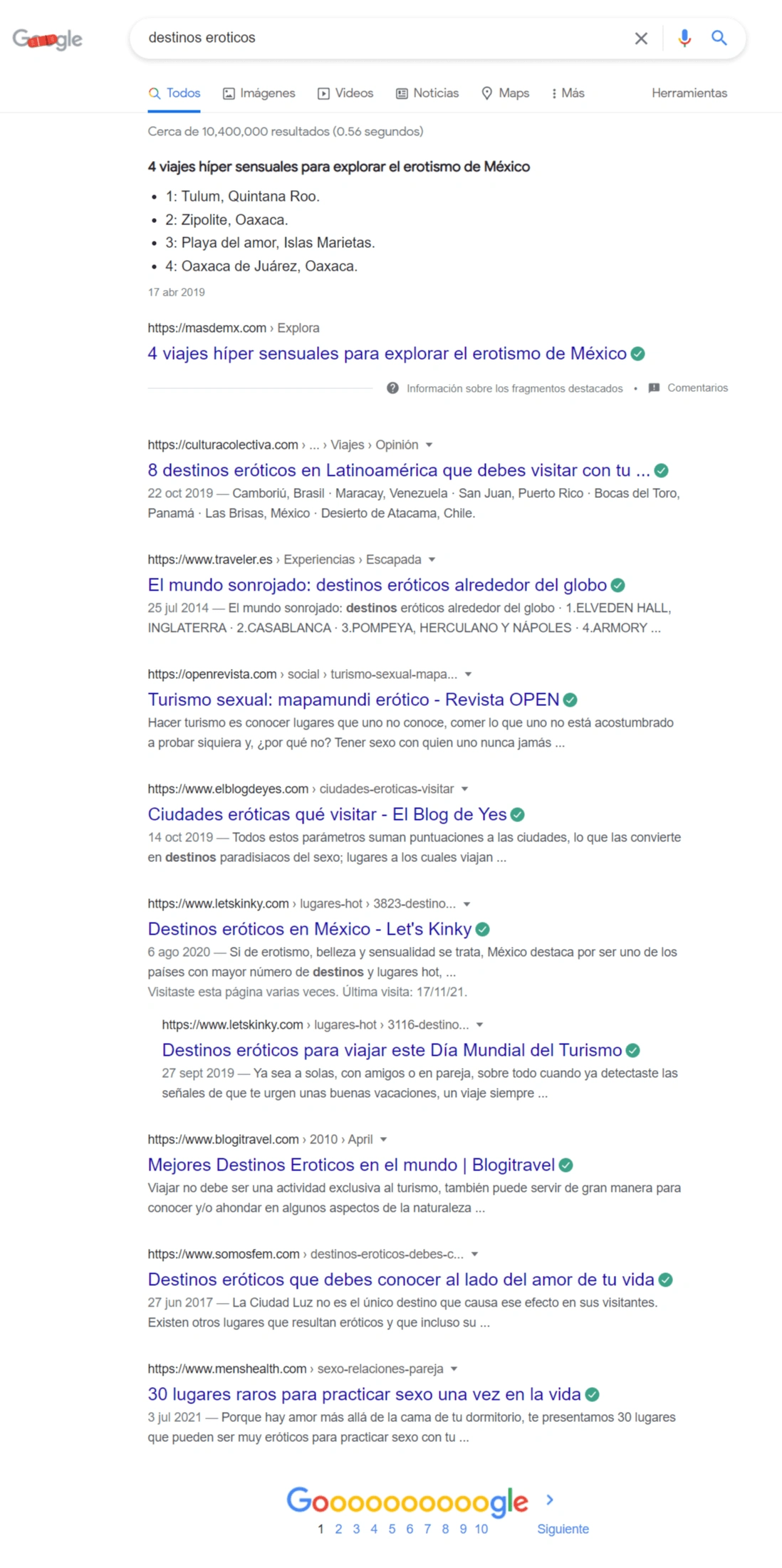 Kw: Destinos eróticos, 5to lugar en posicionamiento orgánico.