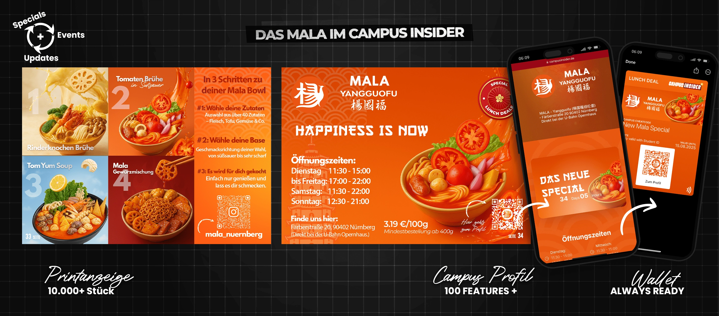 Mala Campaign – print, digital, and wallet integration to promote lunch deals, increase foot traffic, and build student loyalty in real-time.