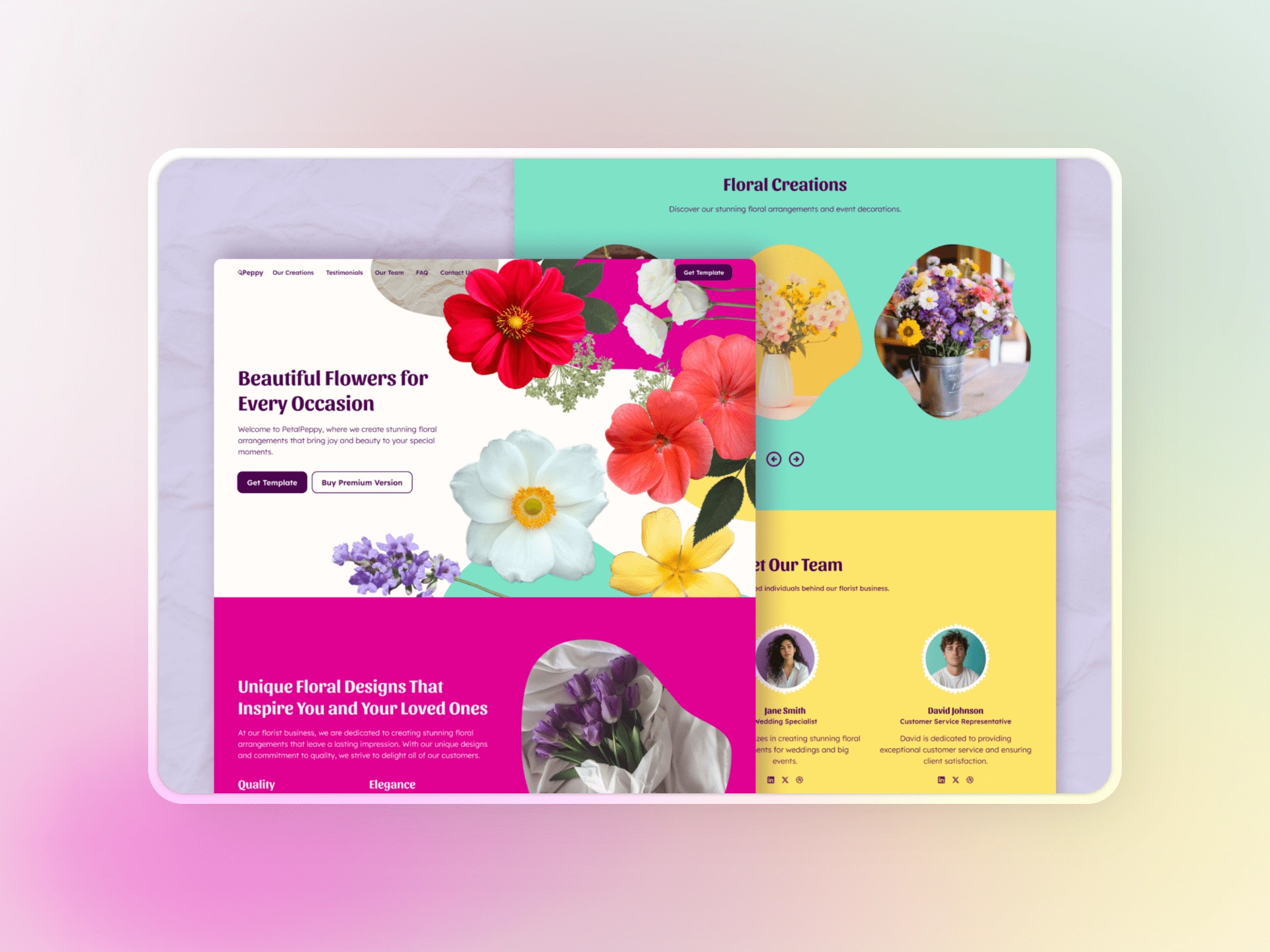 Floral Peppy is a vibrant one-page website template designed for florist businesses. Its bold, colorful and perfect for a unique business.