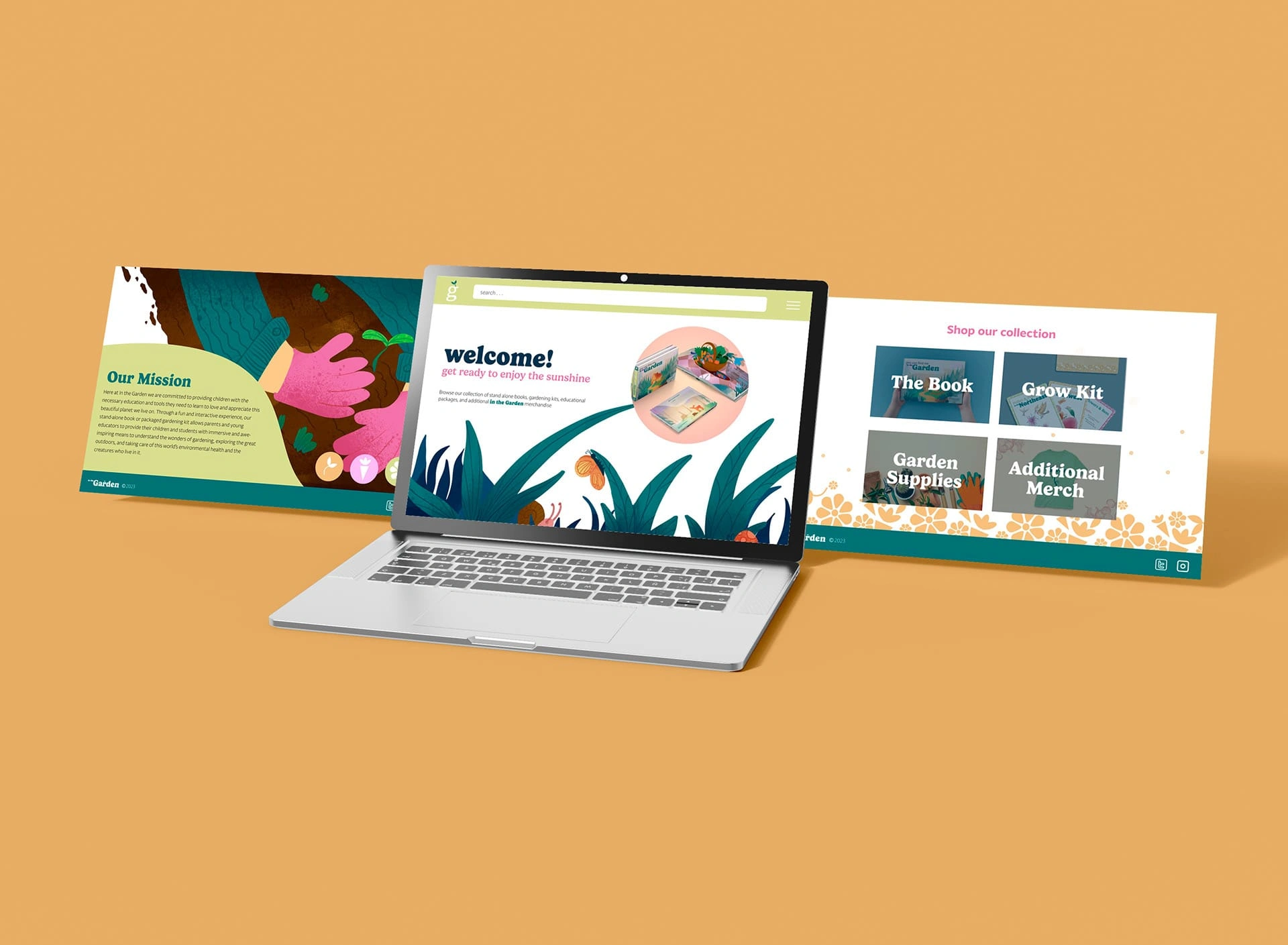 Mockup featuring the ordering site with (left to right) an 'About us' page, a Launch page, and a 'Collection' page