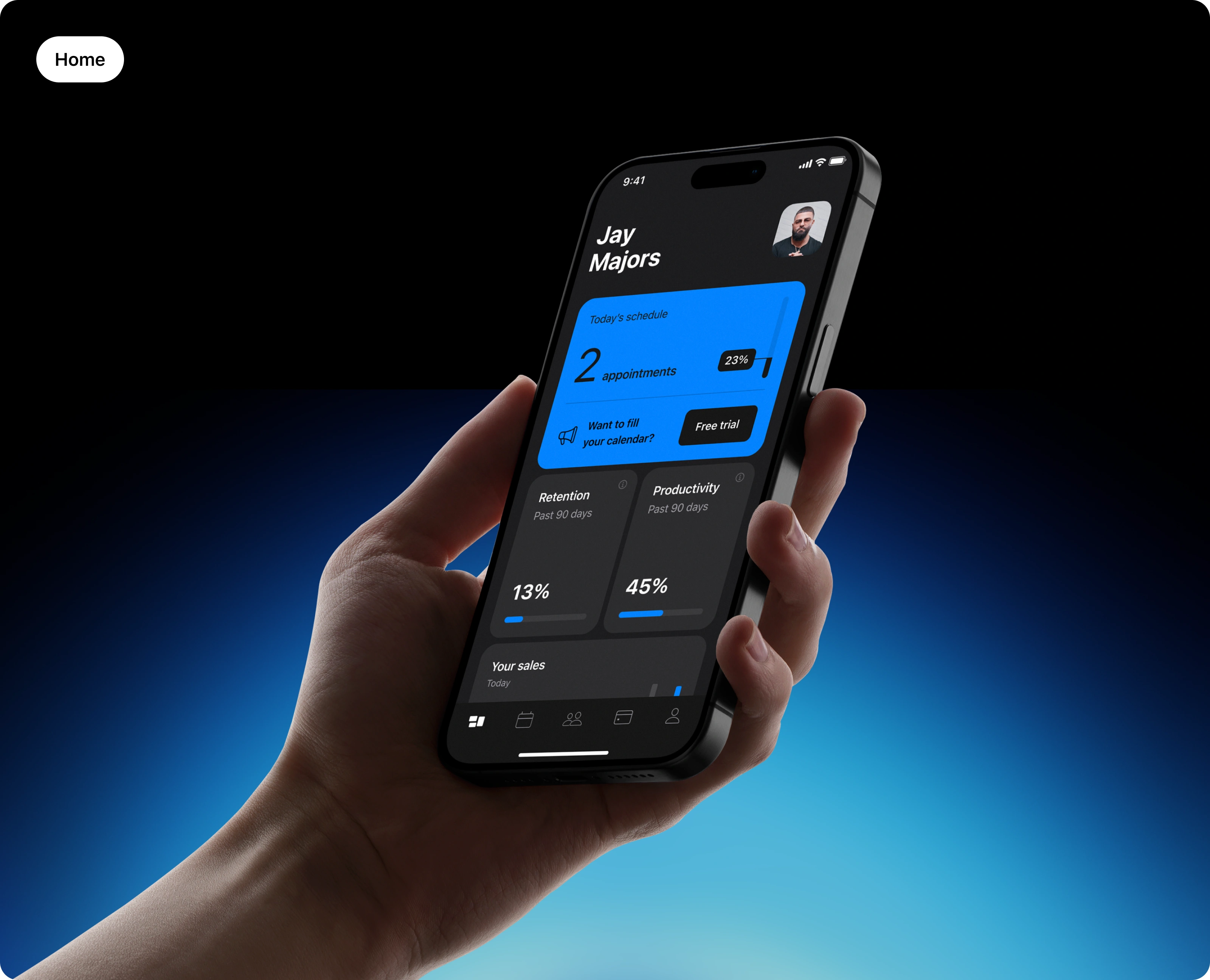Home screen - fully customizable view based on barber's needs