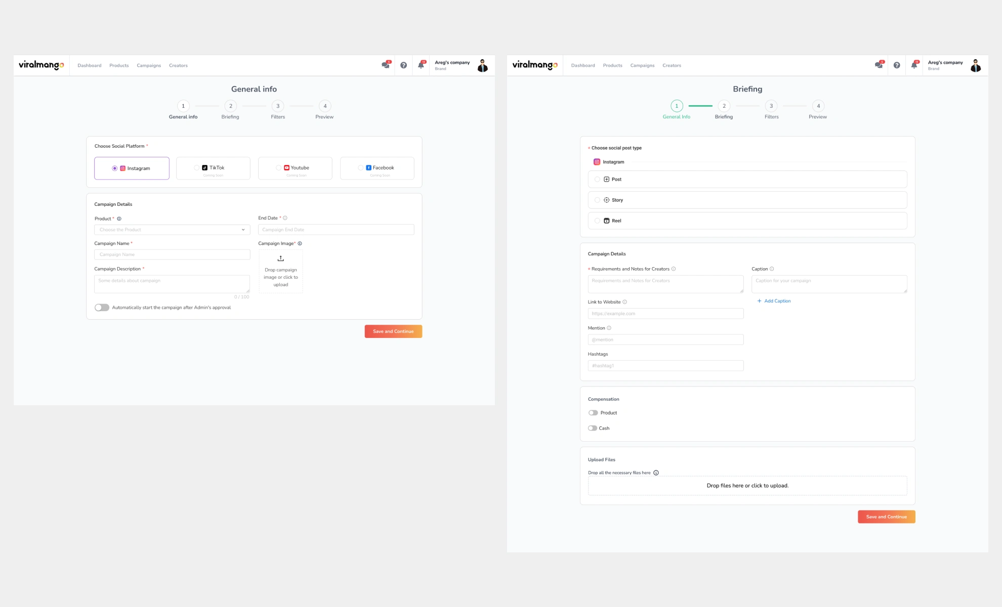 Old version of brand campaign creation, and management flow