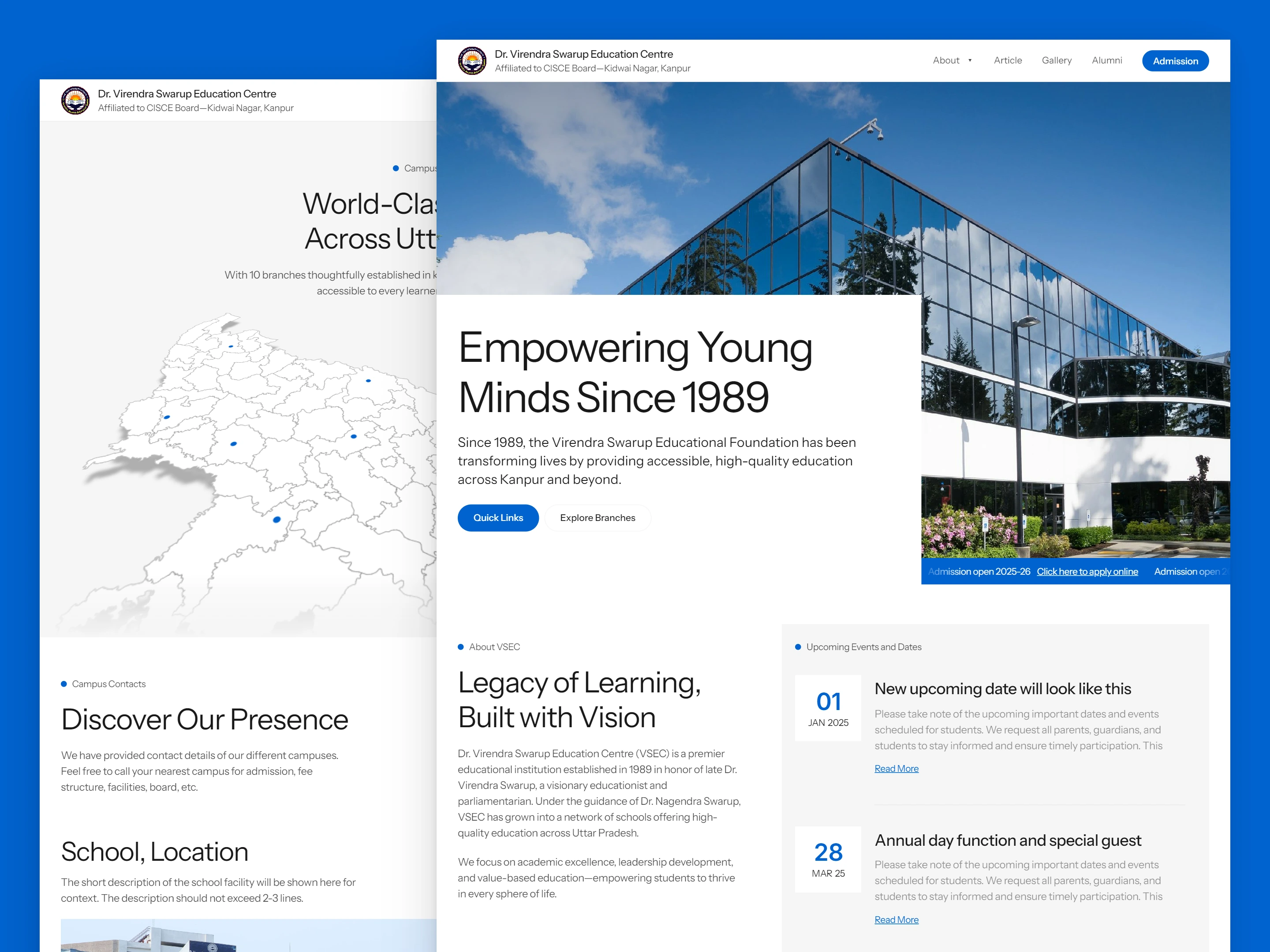 Mockup presentation of homepage and campus pages.