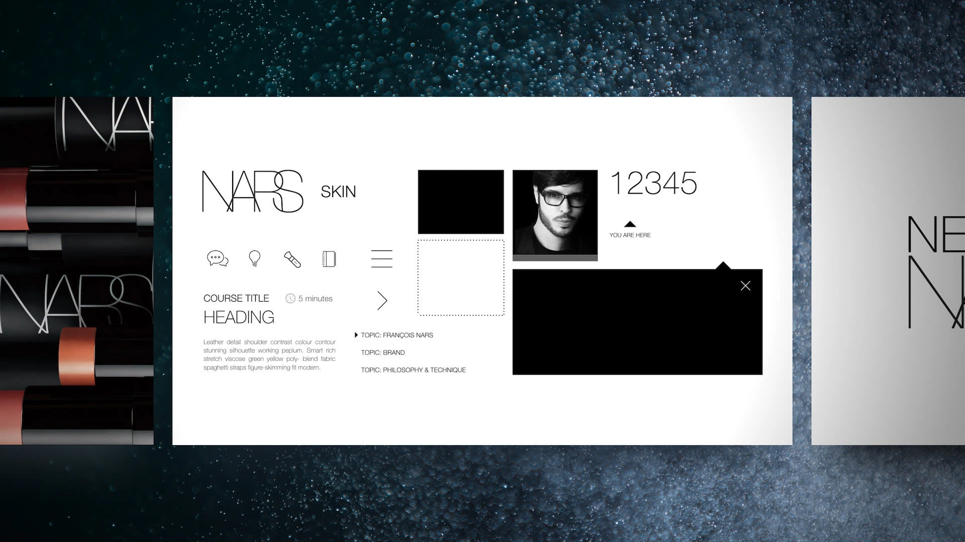 NARS Cosmetics e-learning interface wireframe mockup displaying NARS Skin course template with navigation icons, progress indicator, topic selection menu featuring François Nars, Brand, and Philosophy & Technique modules on white background.