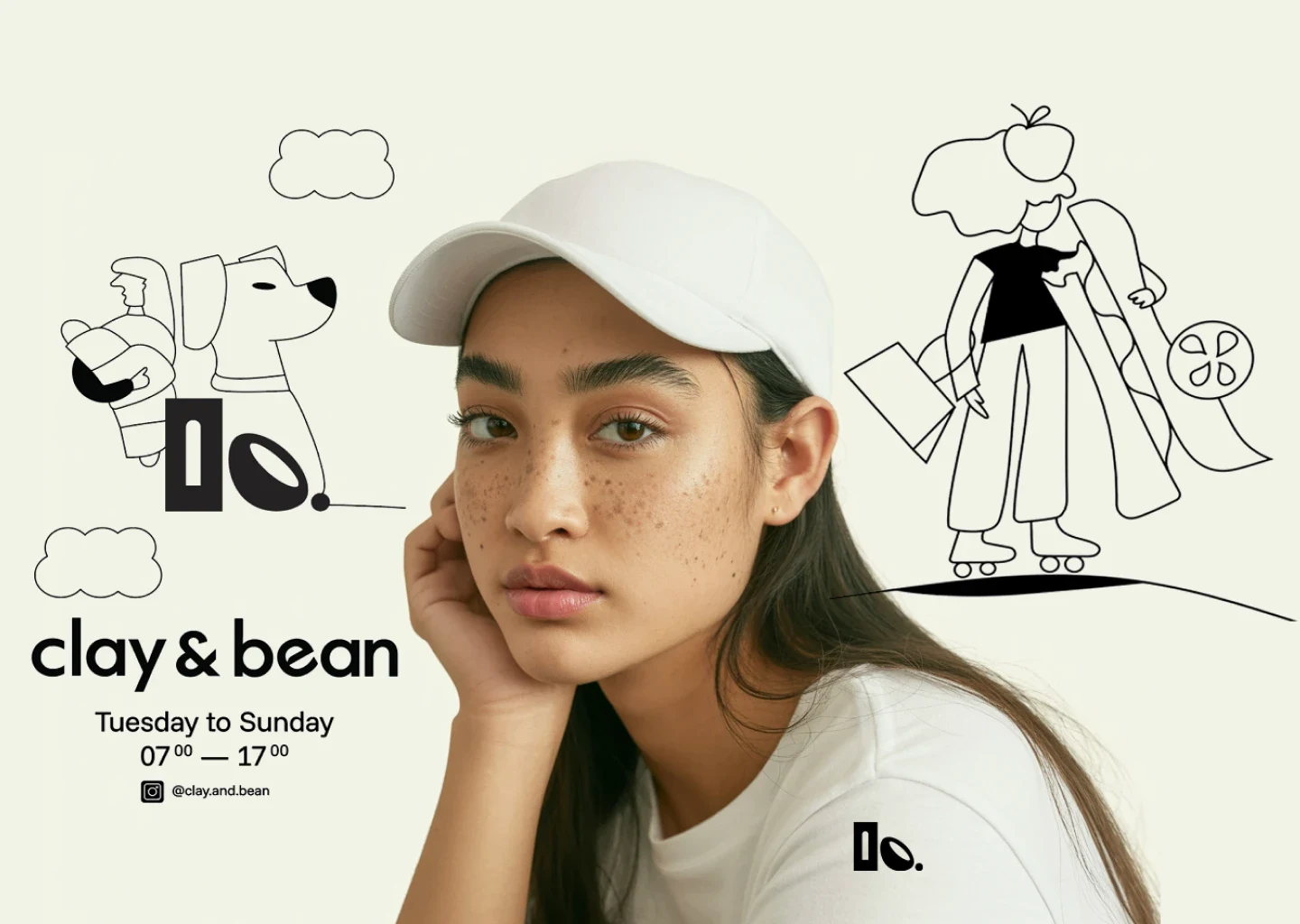 Poster for Clay & Bean with woman in cap, line art of dog with balloon and skater.
