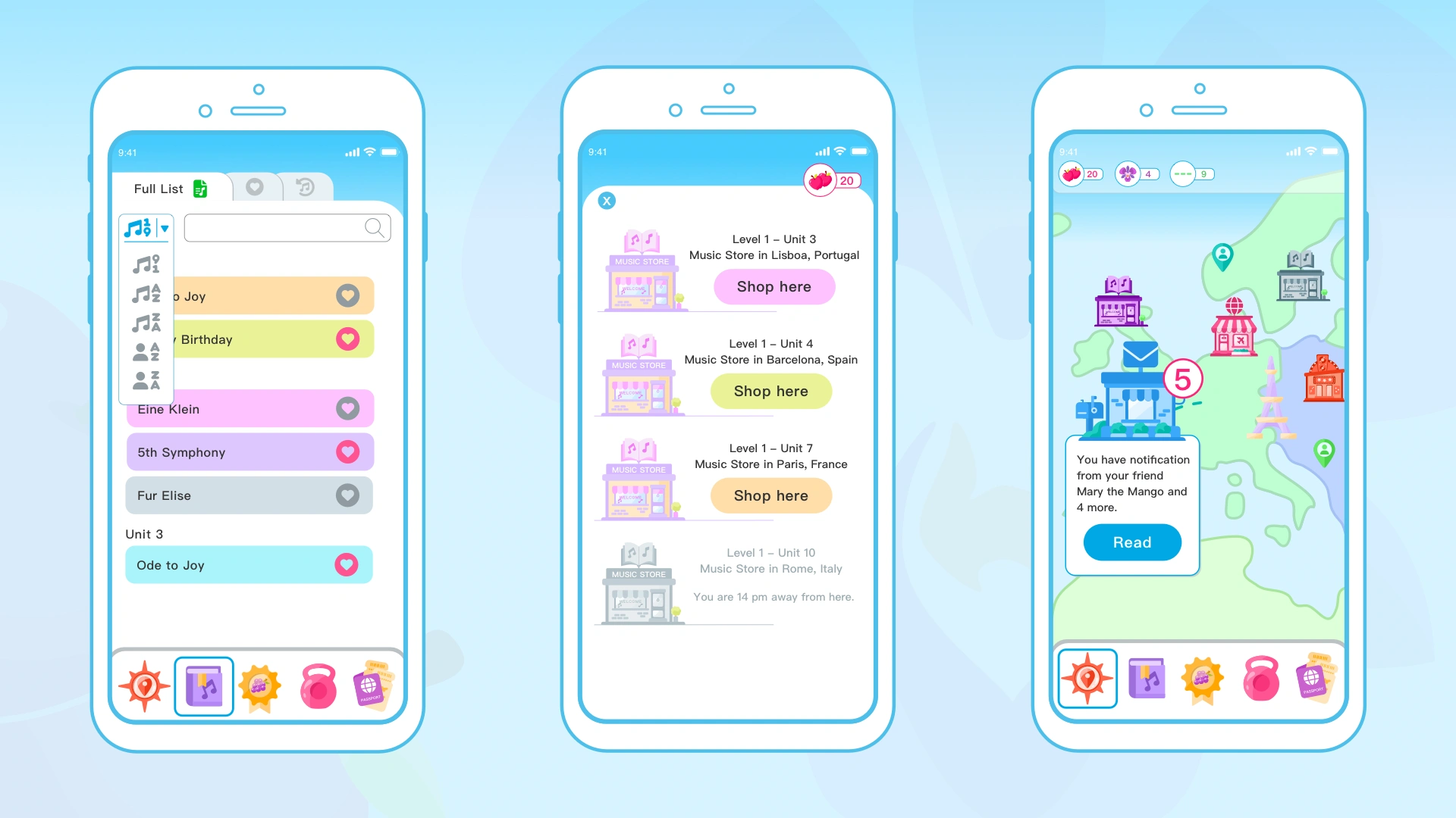 UI design for some screens: Music Library, Music stores' List, Home screen